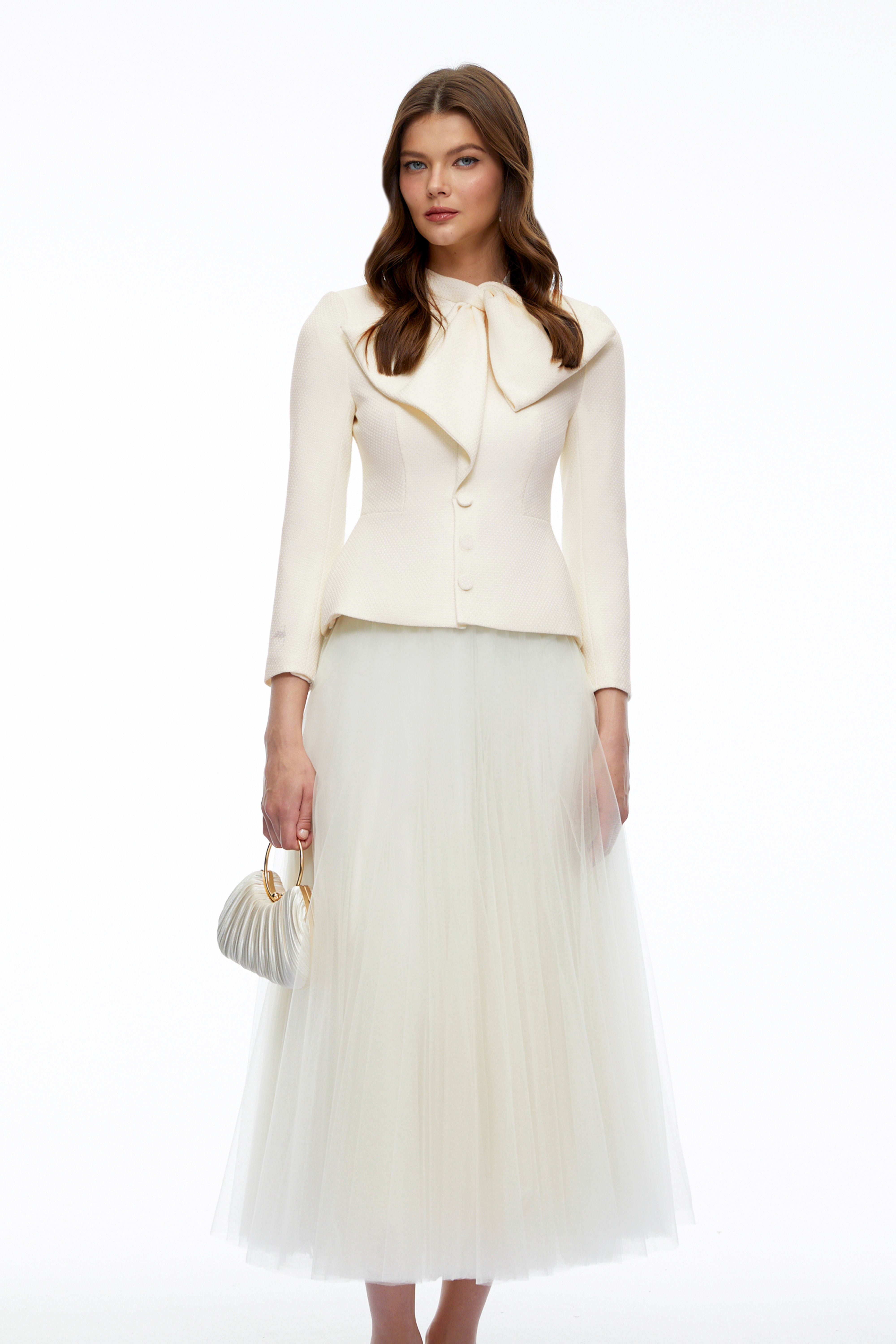 Aurelia White Bow Collar Jacket & Tulle Skirt Set