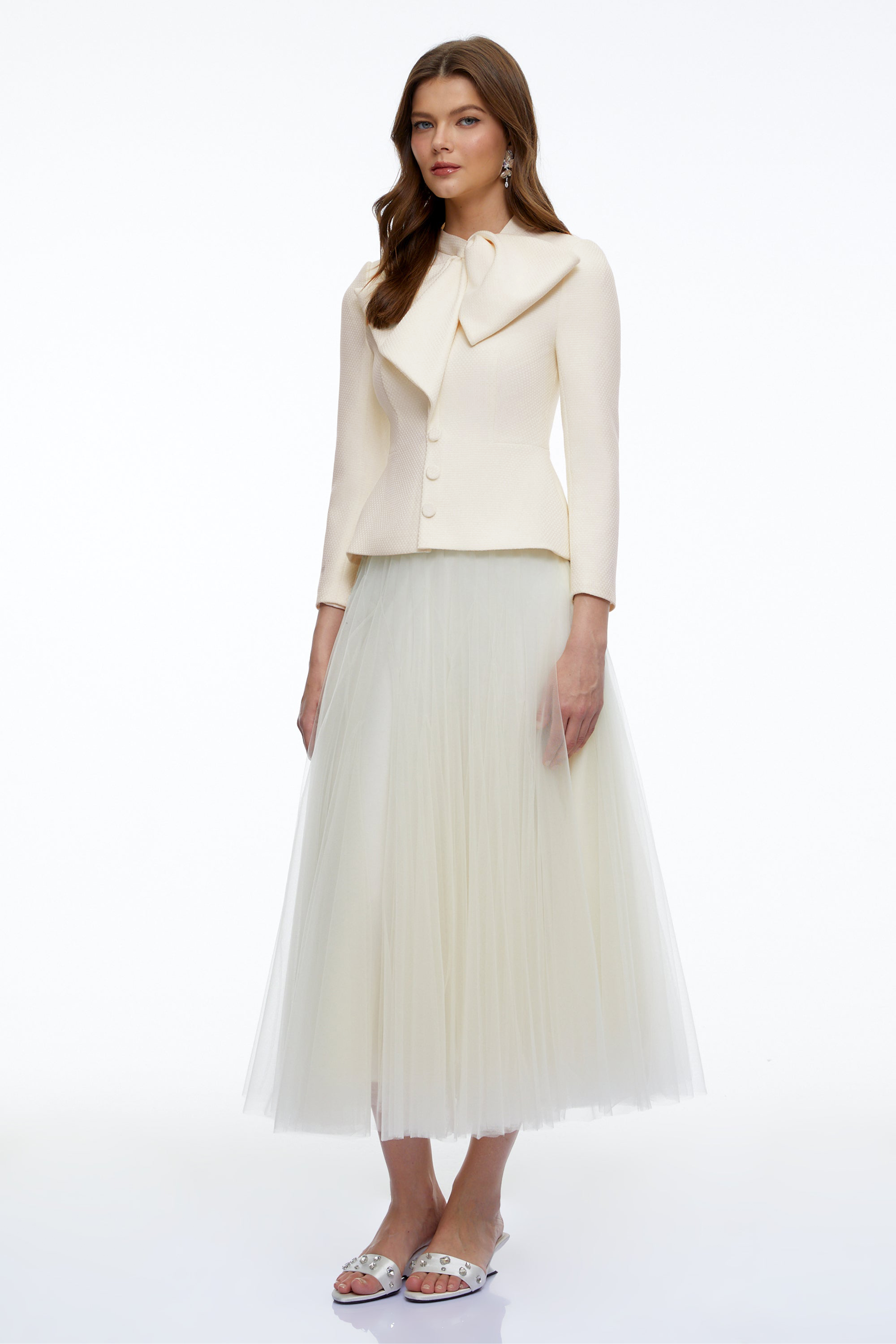 Aurelia White Bow Collar Jacket & Tulle Skirt Set