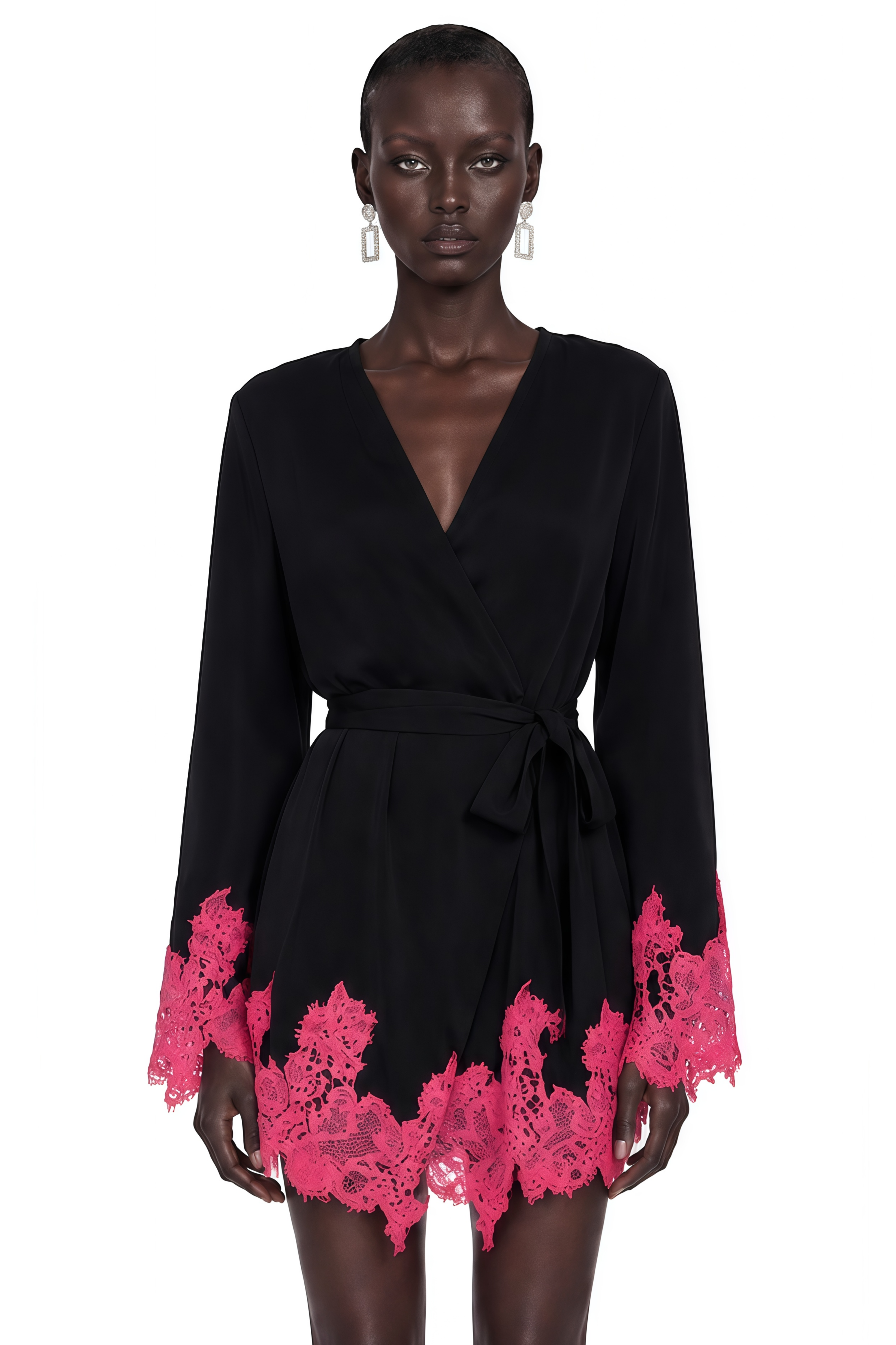 Aurelie Black Satin Wrap Mini Dress with Lace