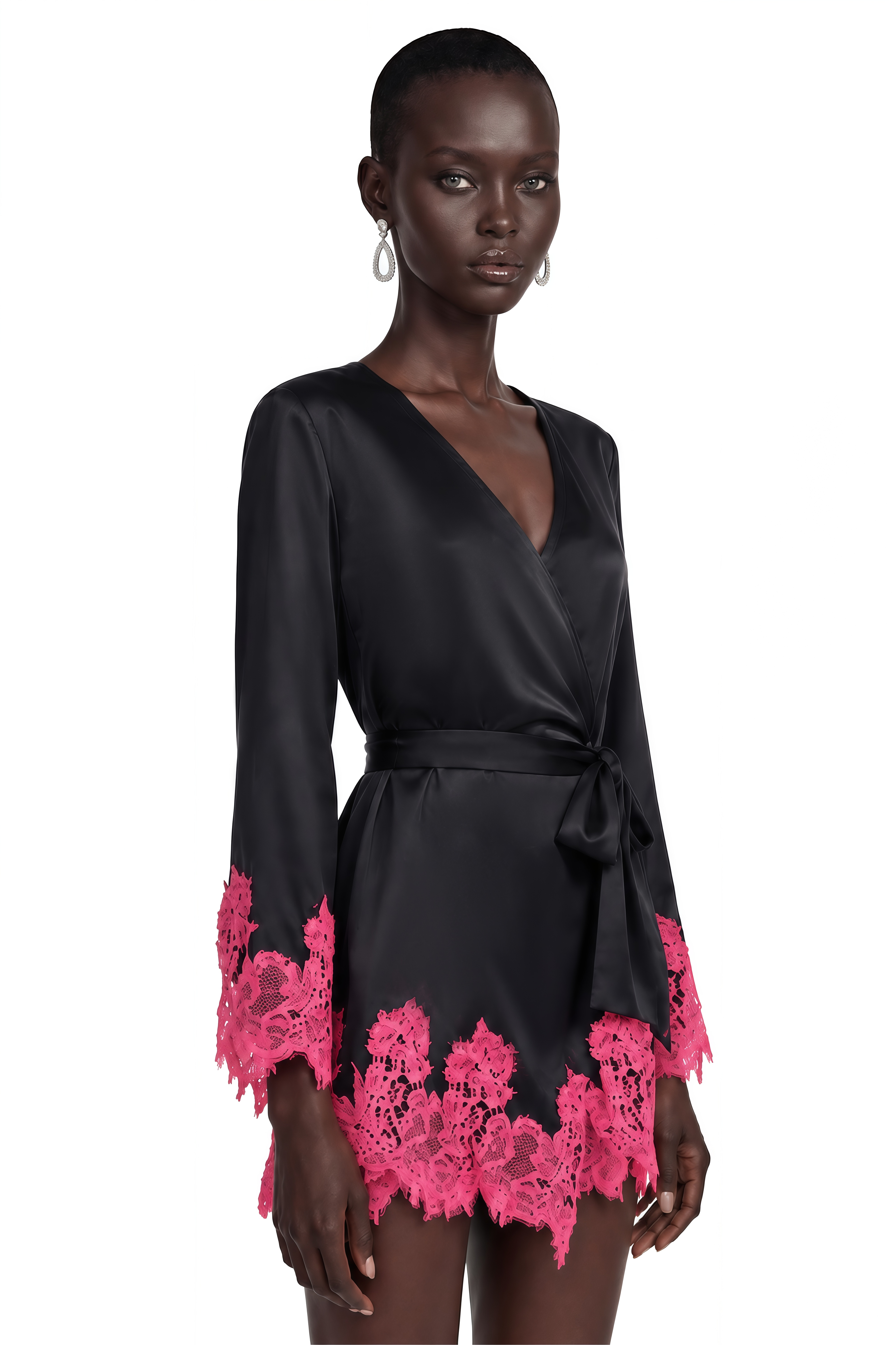 Aurelie Black Satin Wrap Mini Dress with Lace
