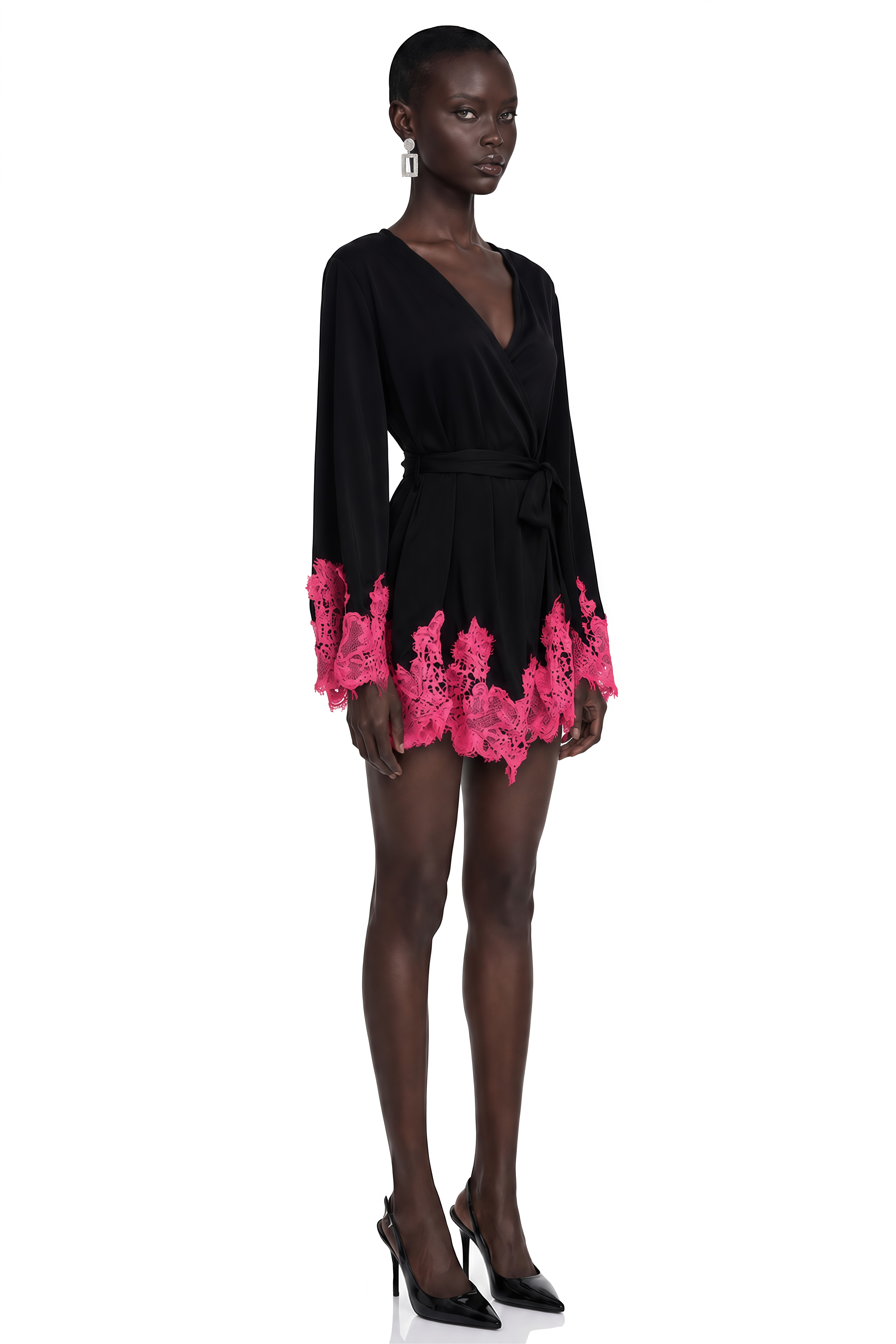 Aurelie Black Satin Wrap Mini Dress with Lace