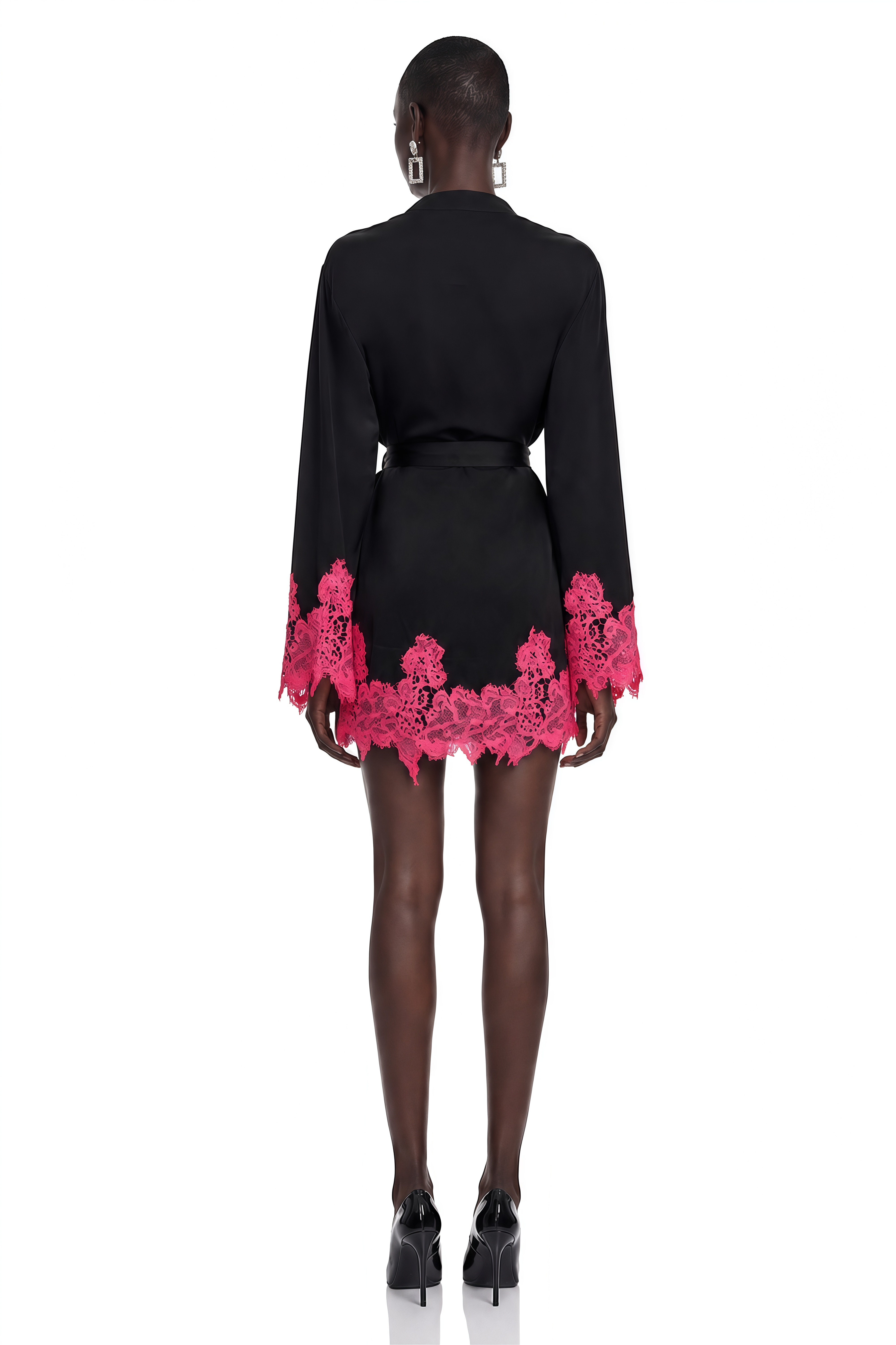 Aurelie Black Satin Wrap Mini Dress with Lace