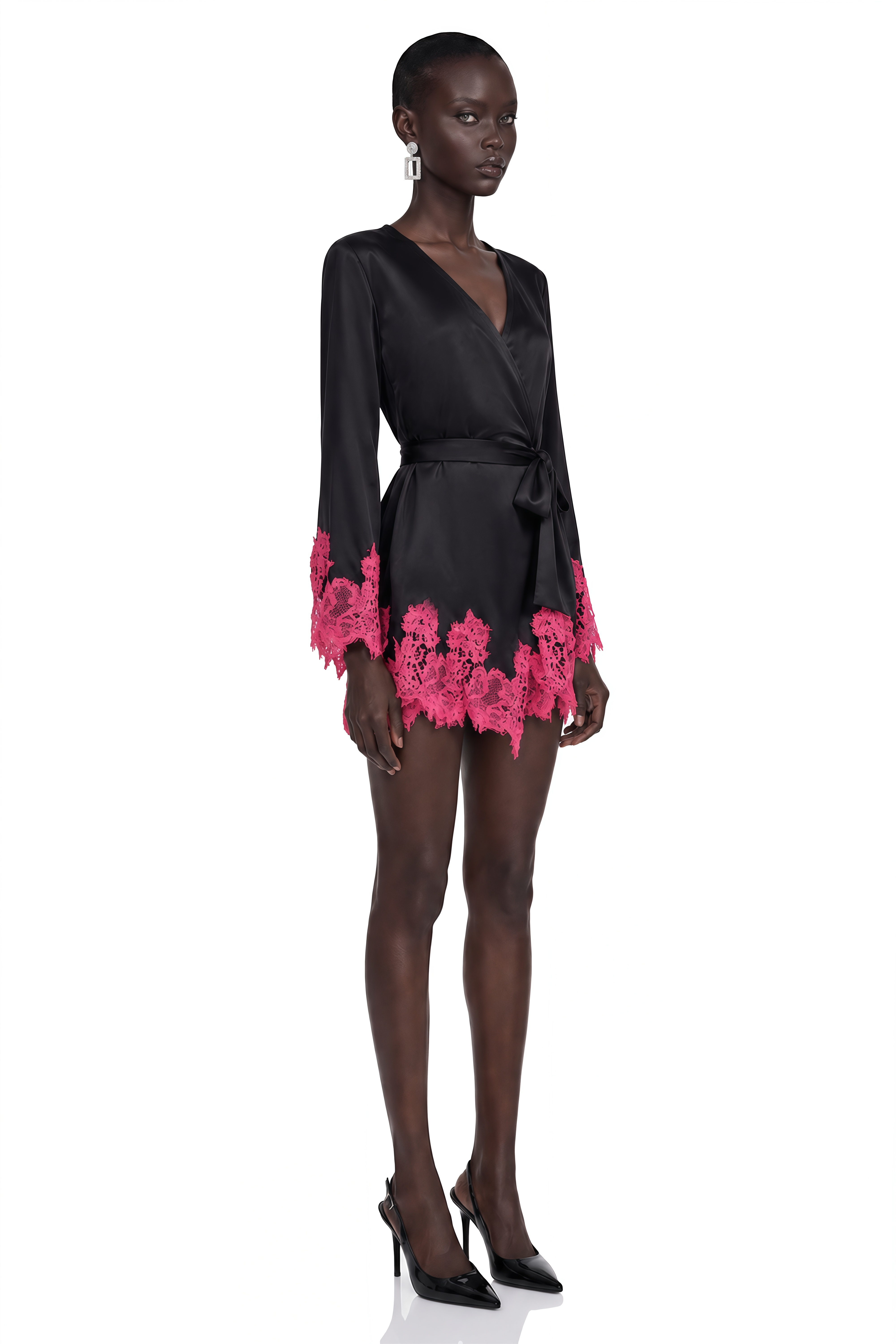 Aurelie Black Satin Wrap Mini Dress with Lace – Miss Rosier