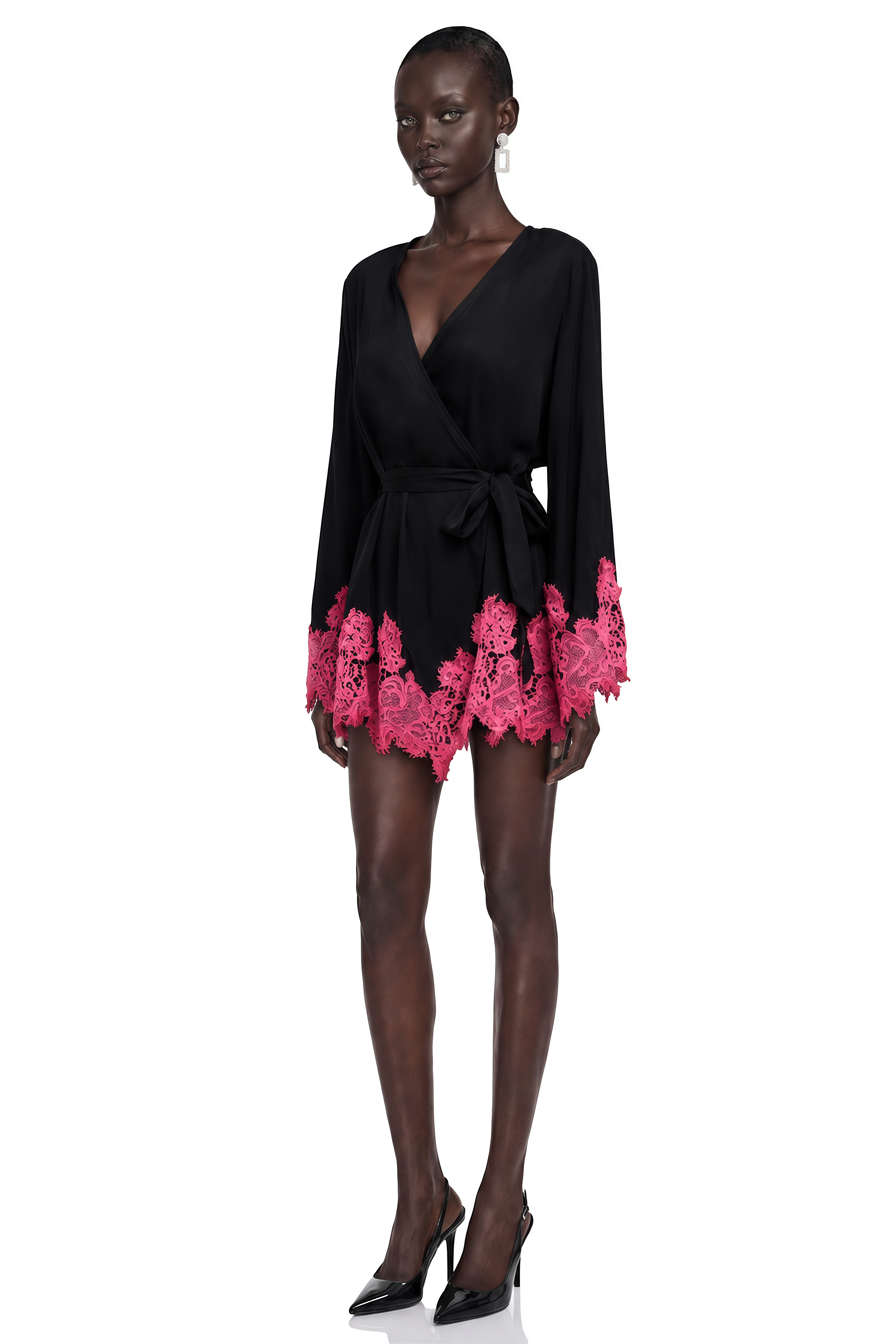 Aurelie Black Satin Wrap Mini Dress with Lace