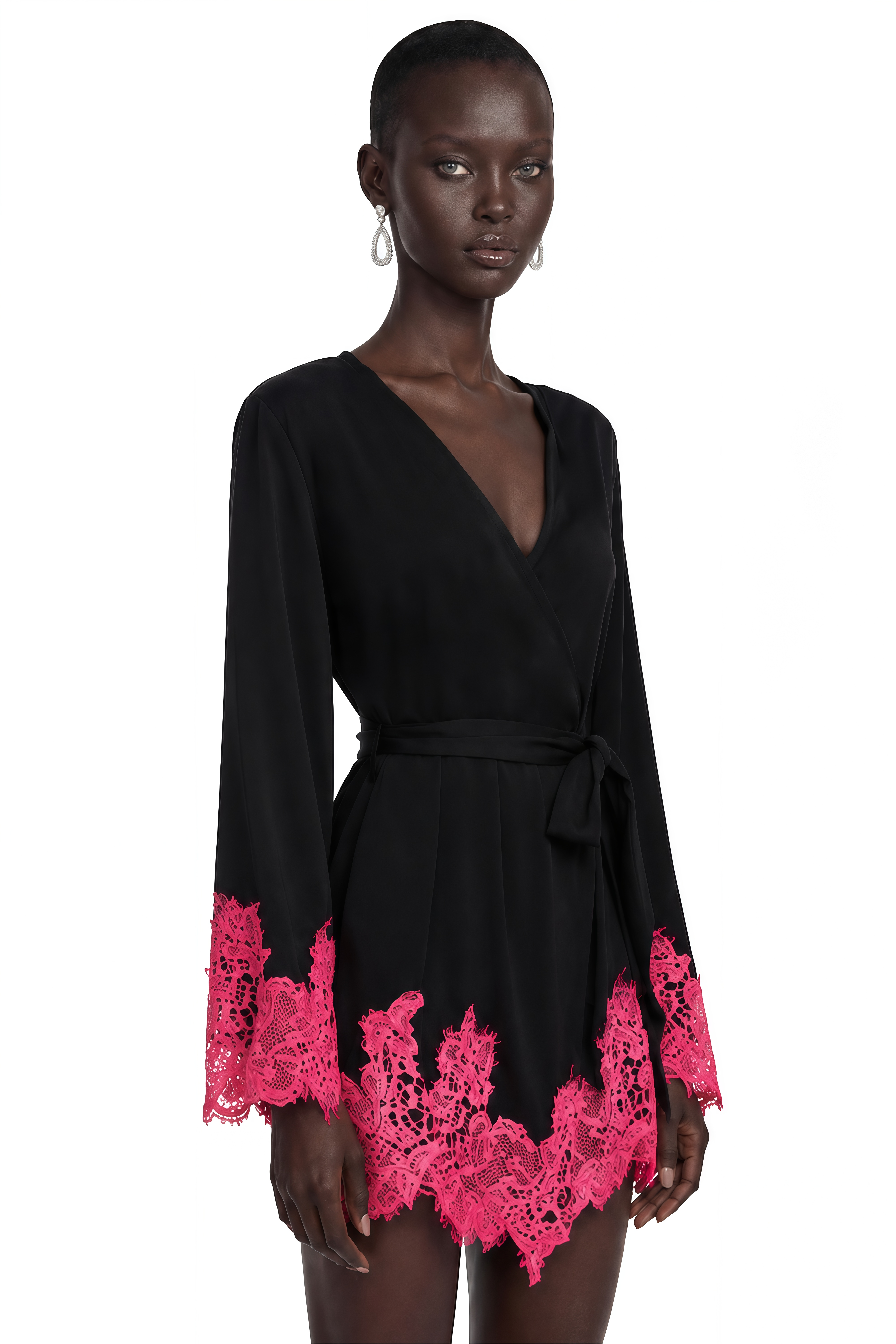 Aurelie Black Satin Wrap Mini Dress with Lace