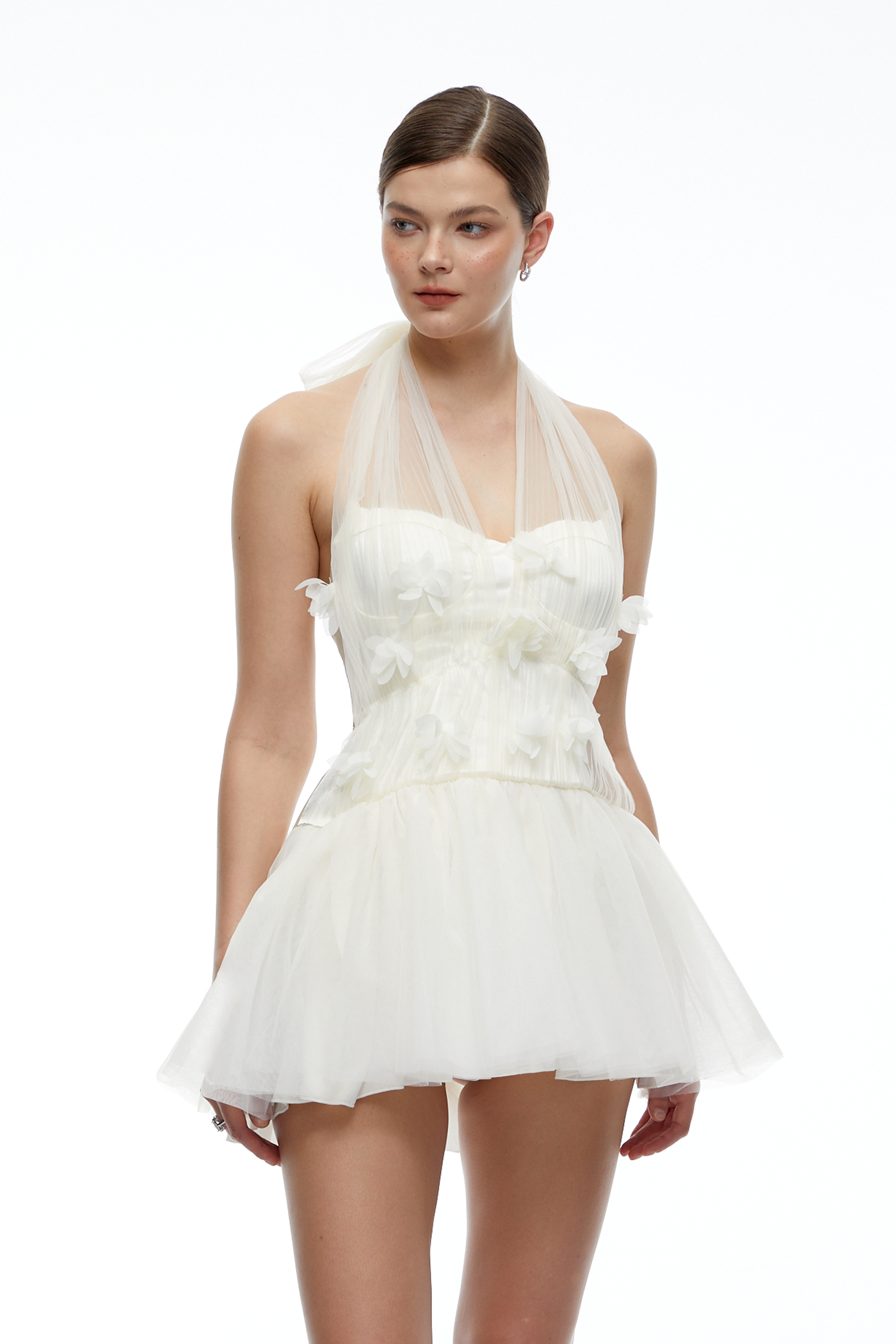 Aurelisse White Floral Halterneck Mini Dress