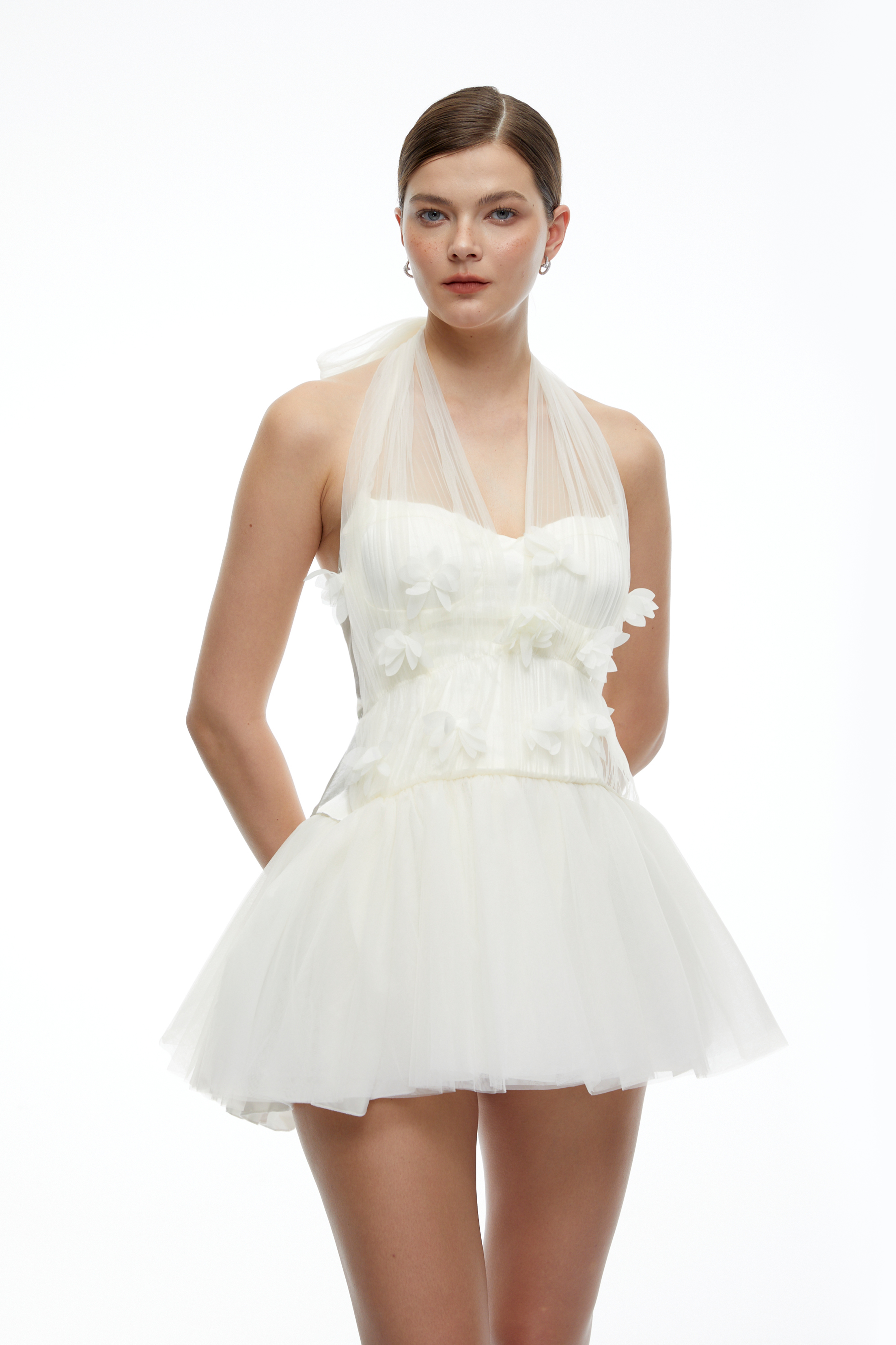 Aurelisse White Floral Halterneck Mini Dress