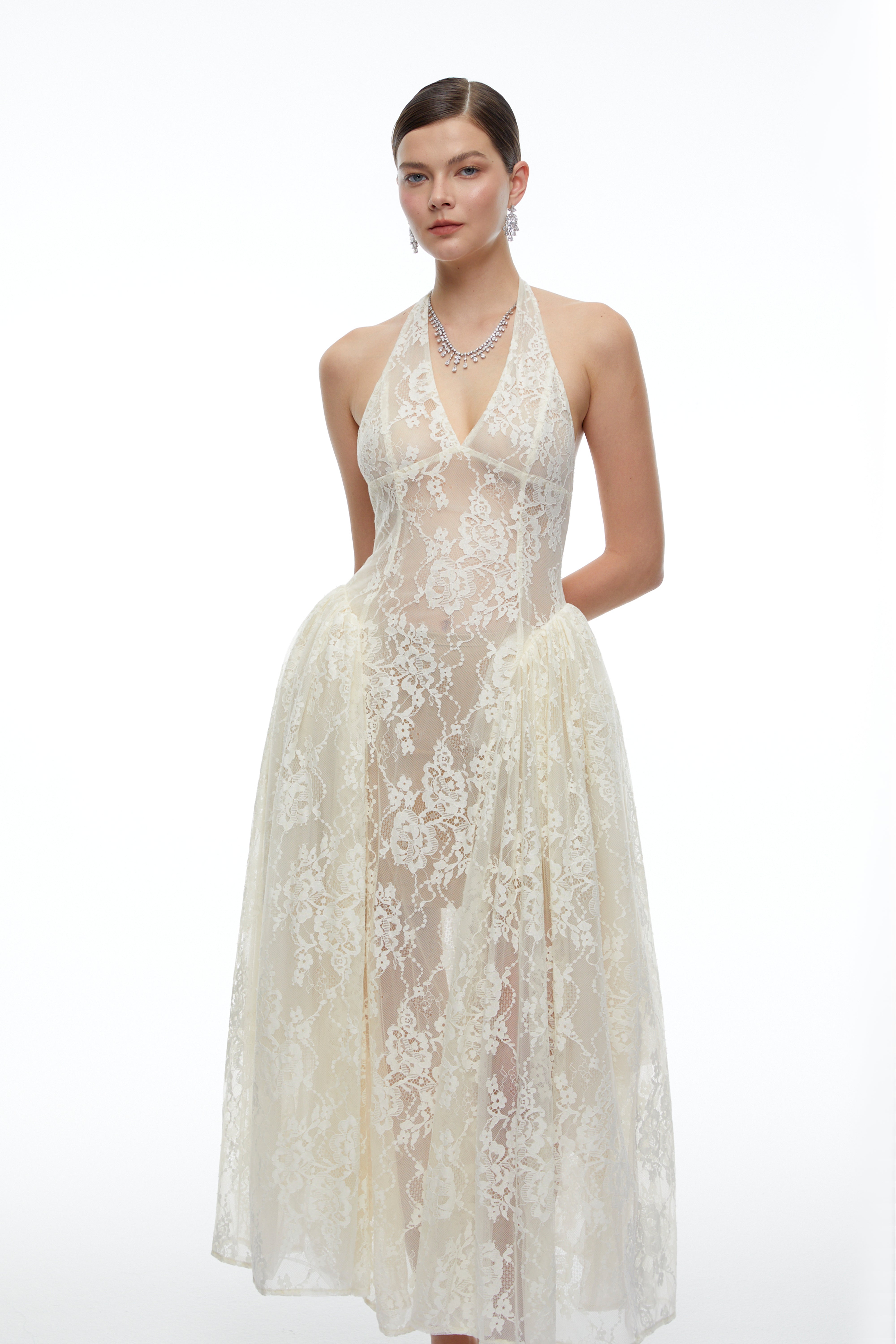 Aurethia Ivory Lace Halterneck Maxi Dress