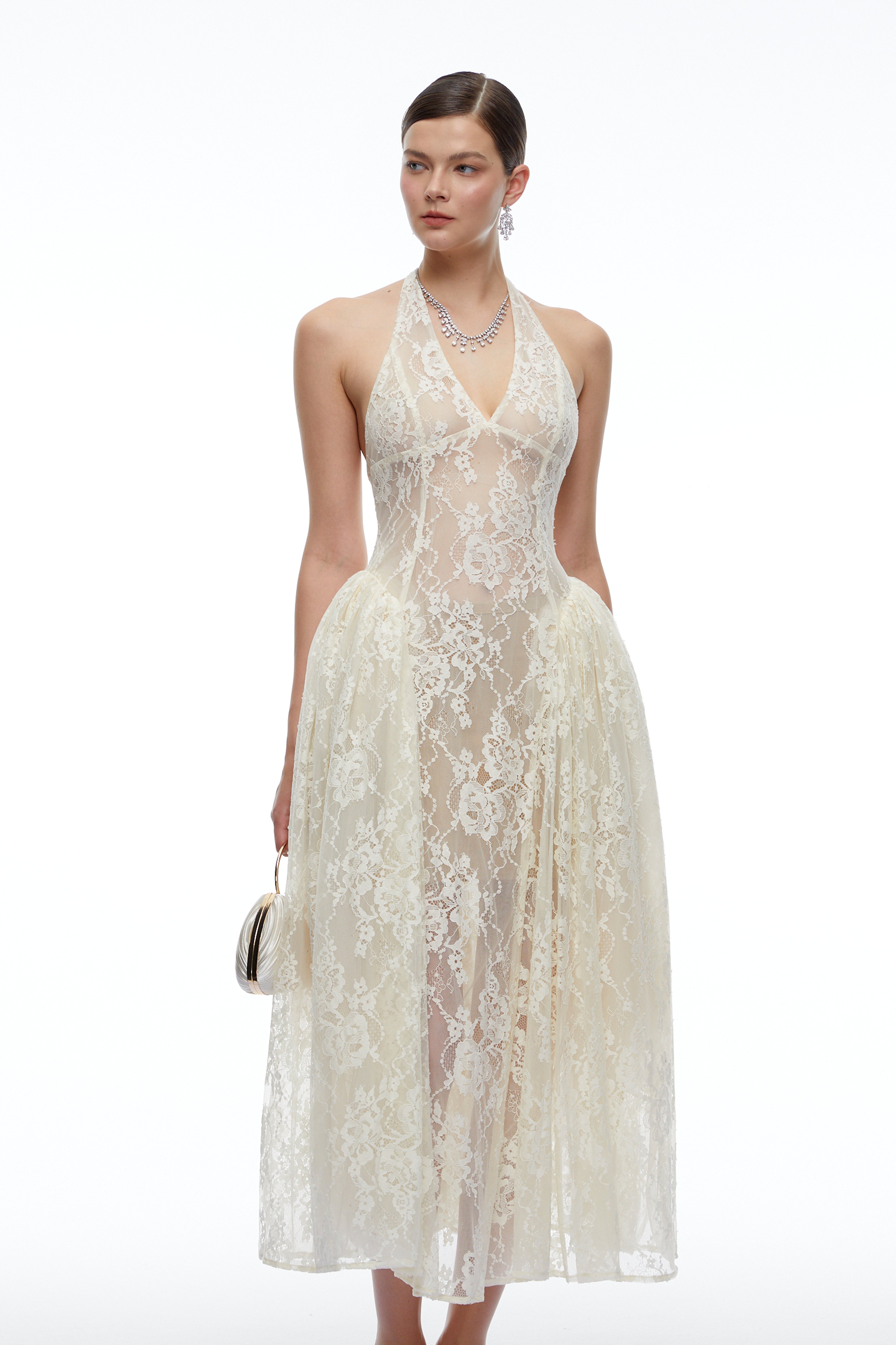 Aurethia Ivory Lace Halterneck Maxi Dress