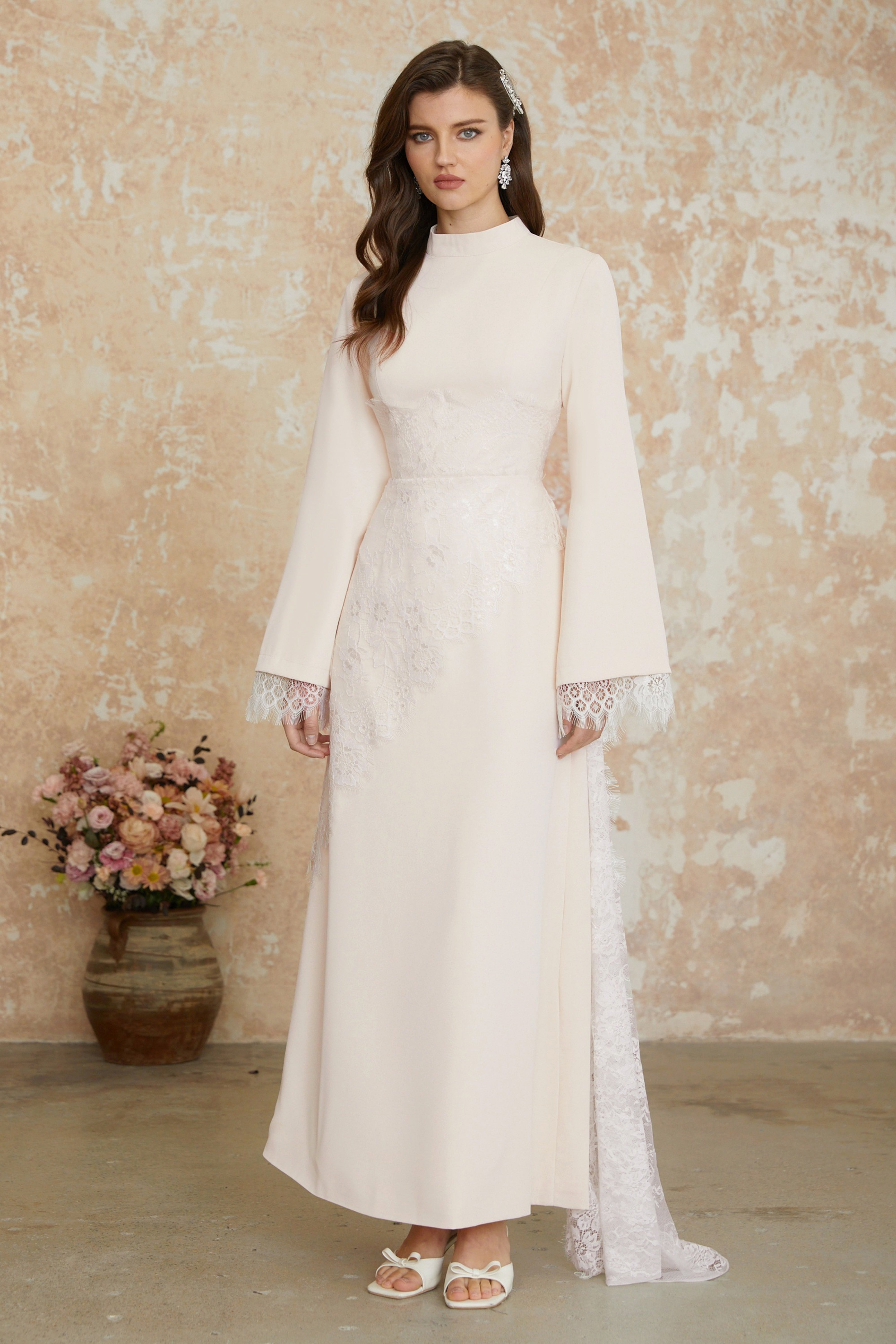 White Asymmetrical Floral Lace Maxi Dress