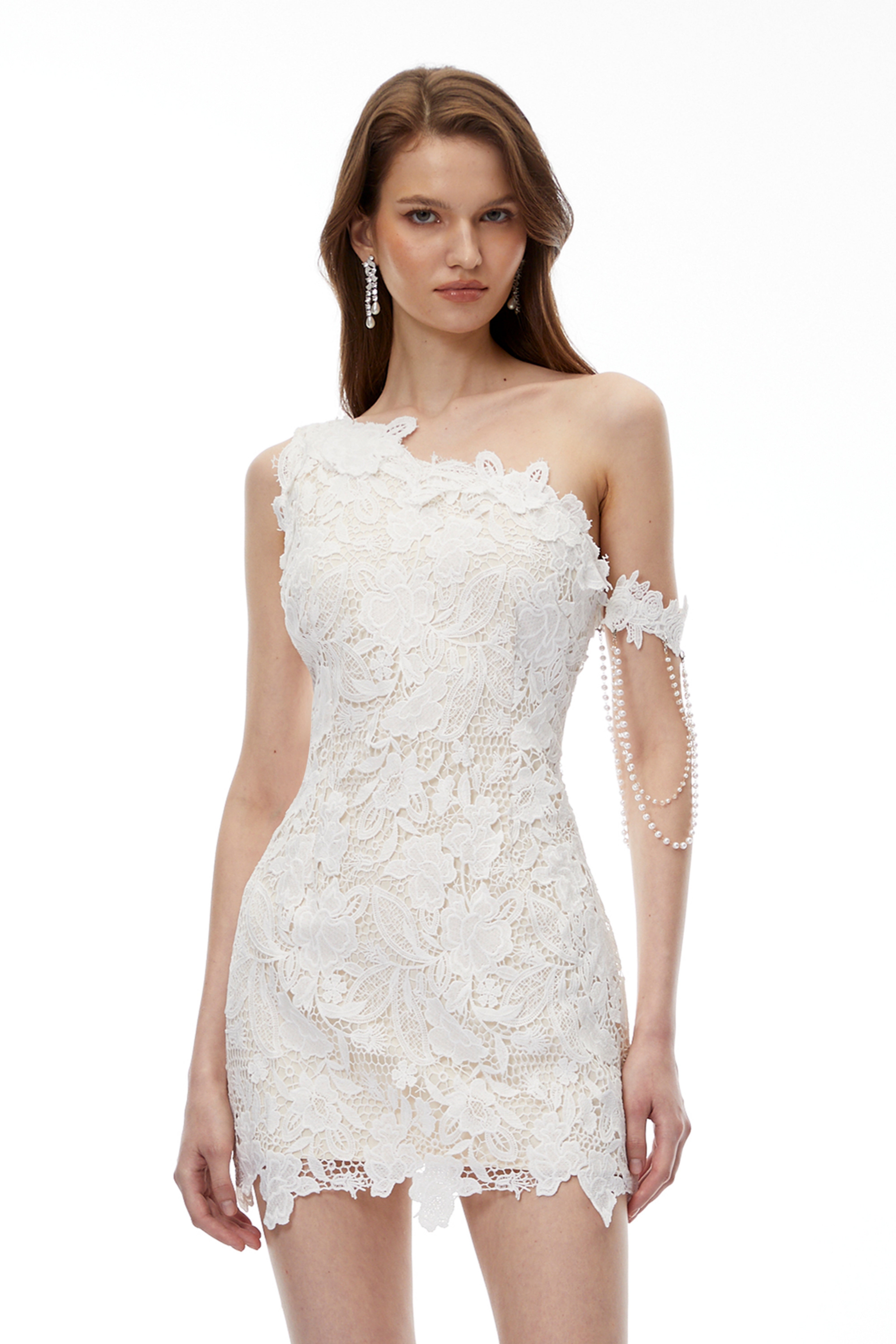 White One-Shoulder Floral Lace Mini Dress
