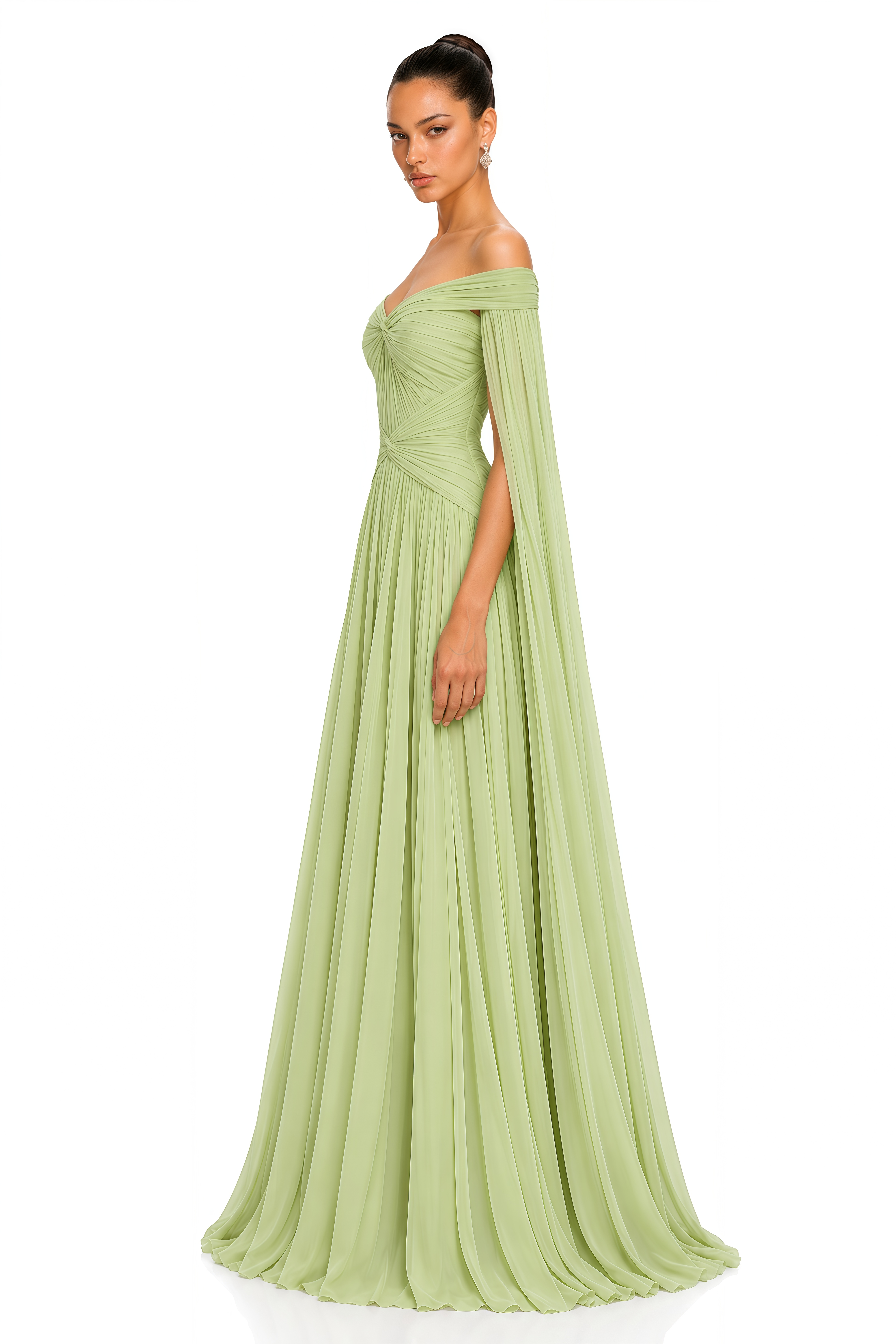 Aveline Light Green Draped Cape Sleeve Maxi Dress