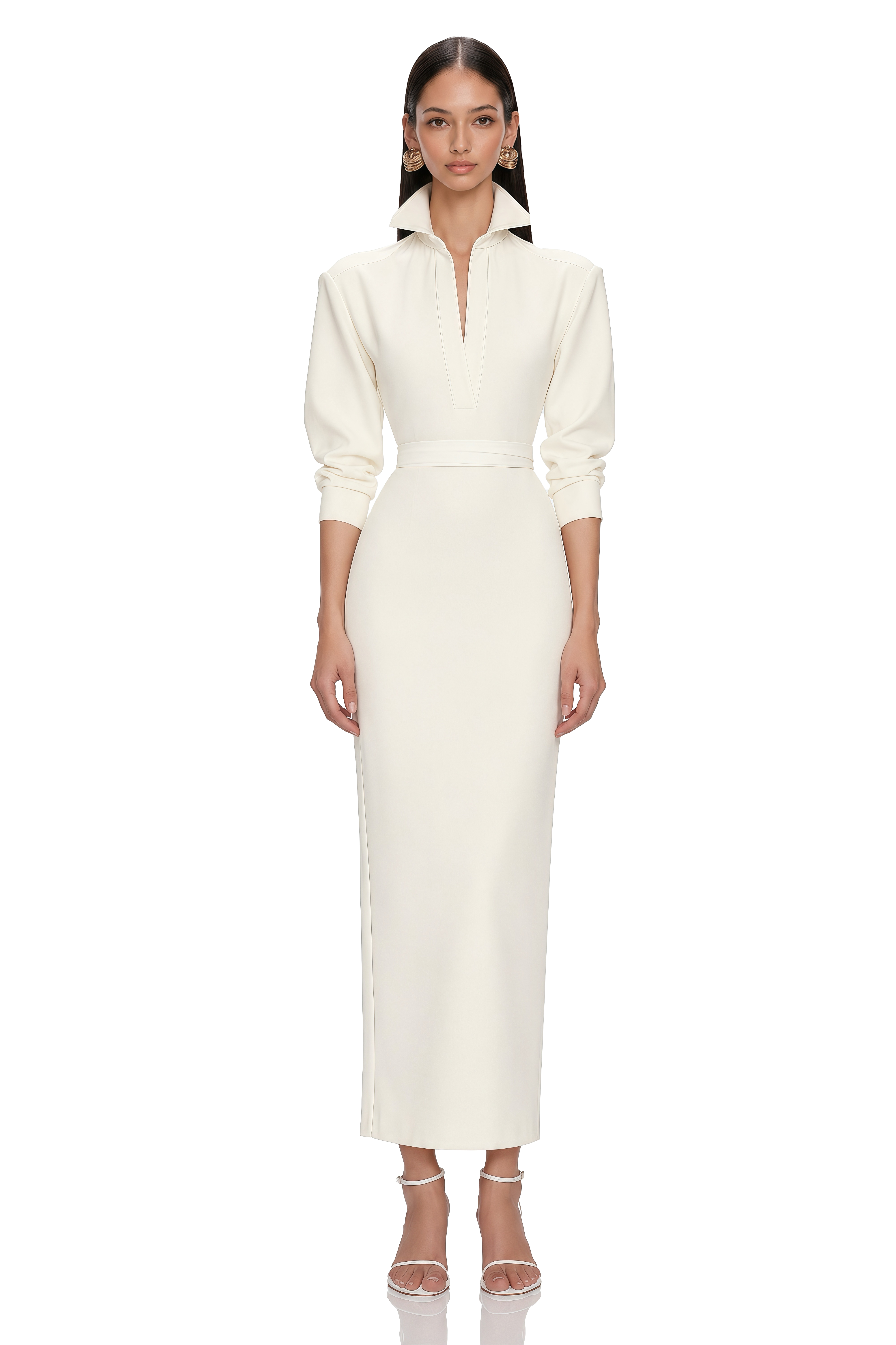 Avelise Ivory Collared Tailored Midi Dress