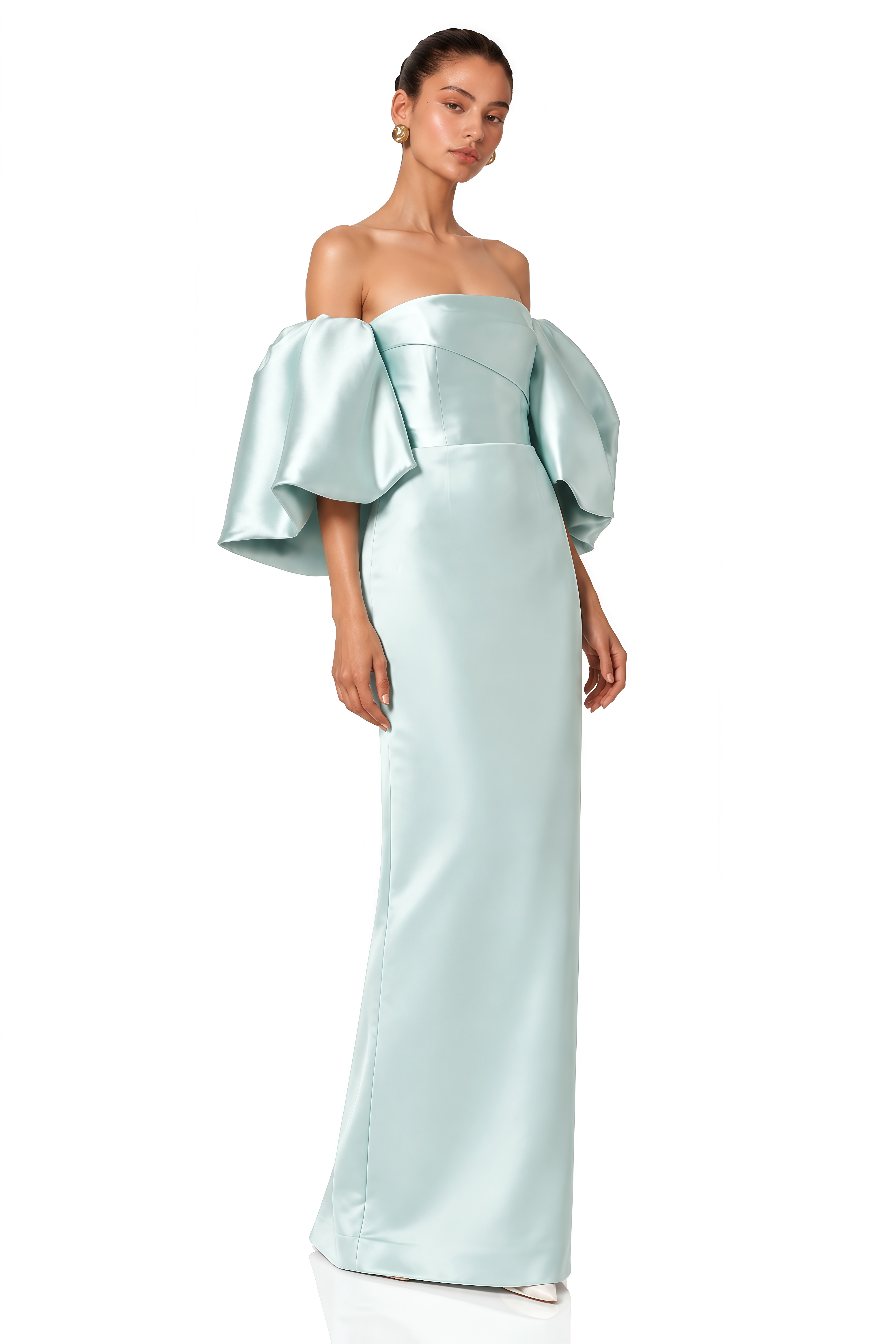 Avery Mint Green Off Shoulder Puff Sleeve Satin Maxi Dress