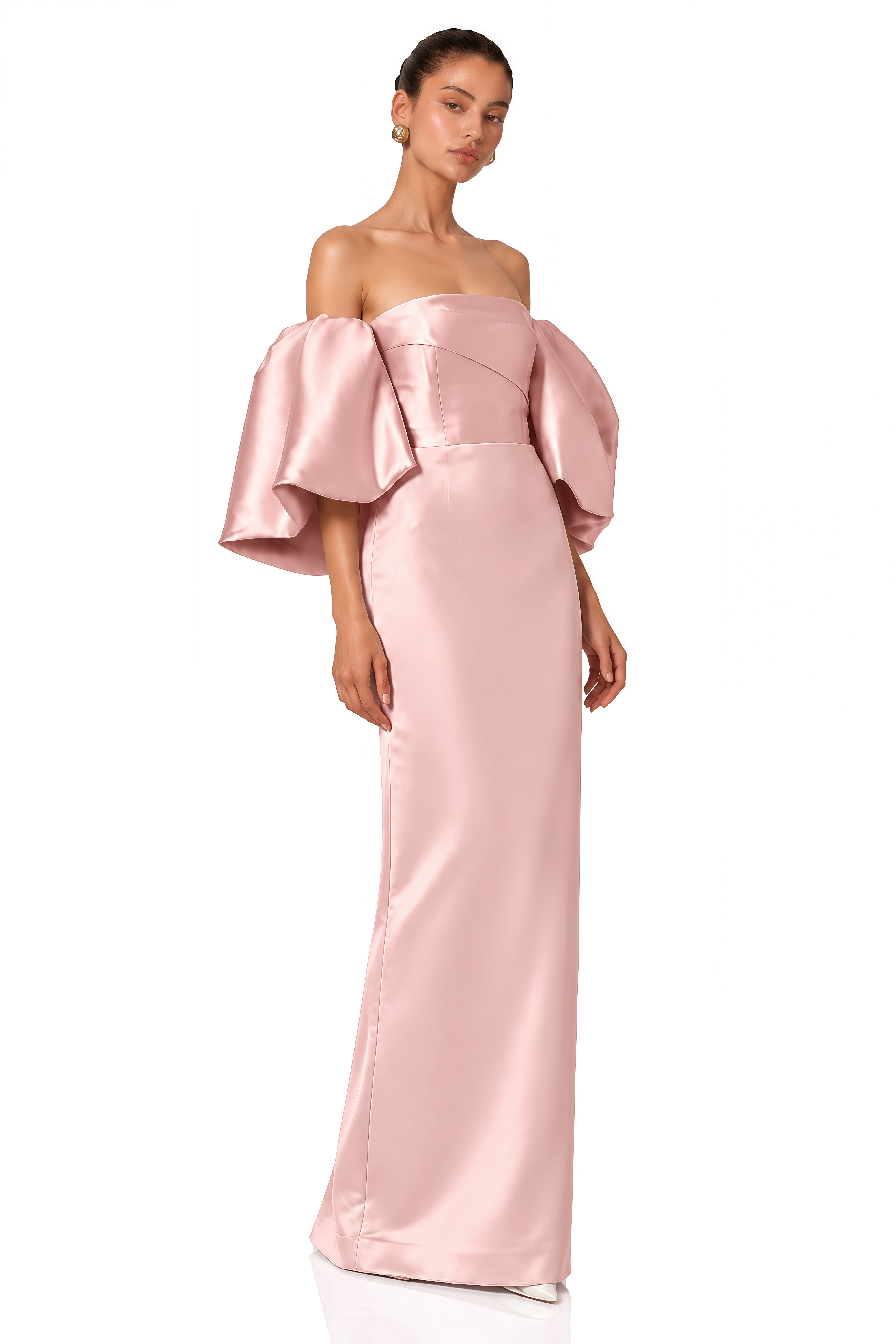 Avery Pink Off Shoulder Puff Sleeve Satin Maxi Dress