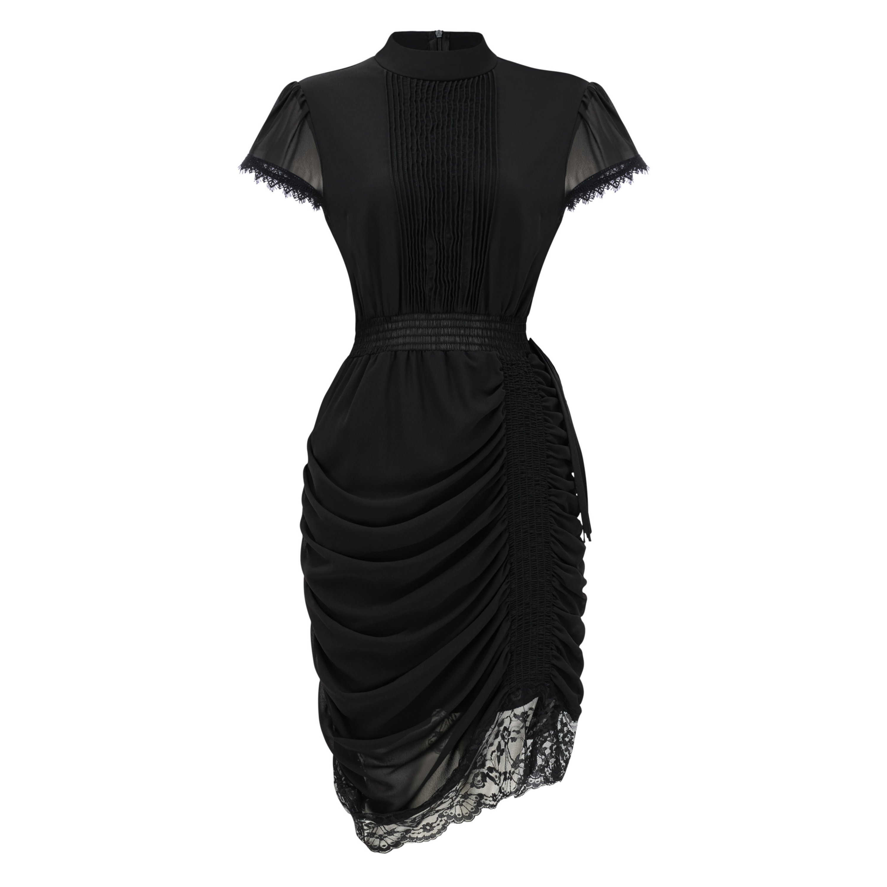 Avis Black Ruched Mini Dress with Lace Trim
