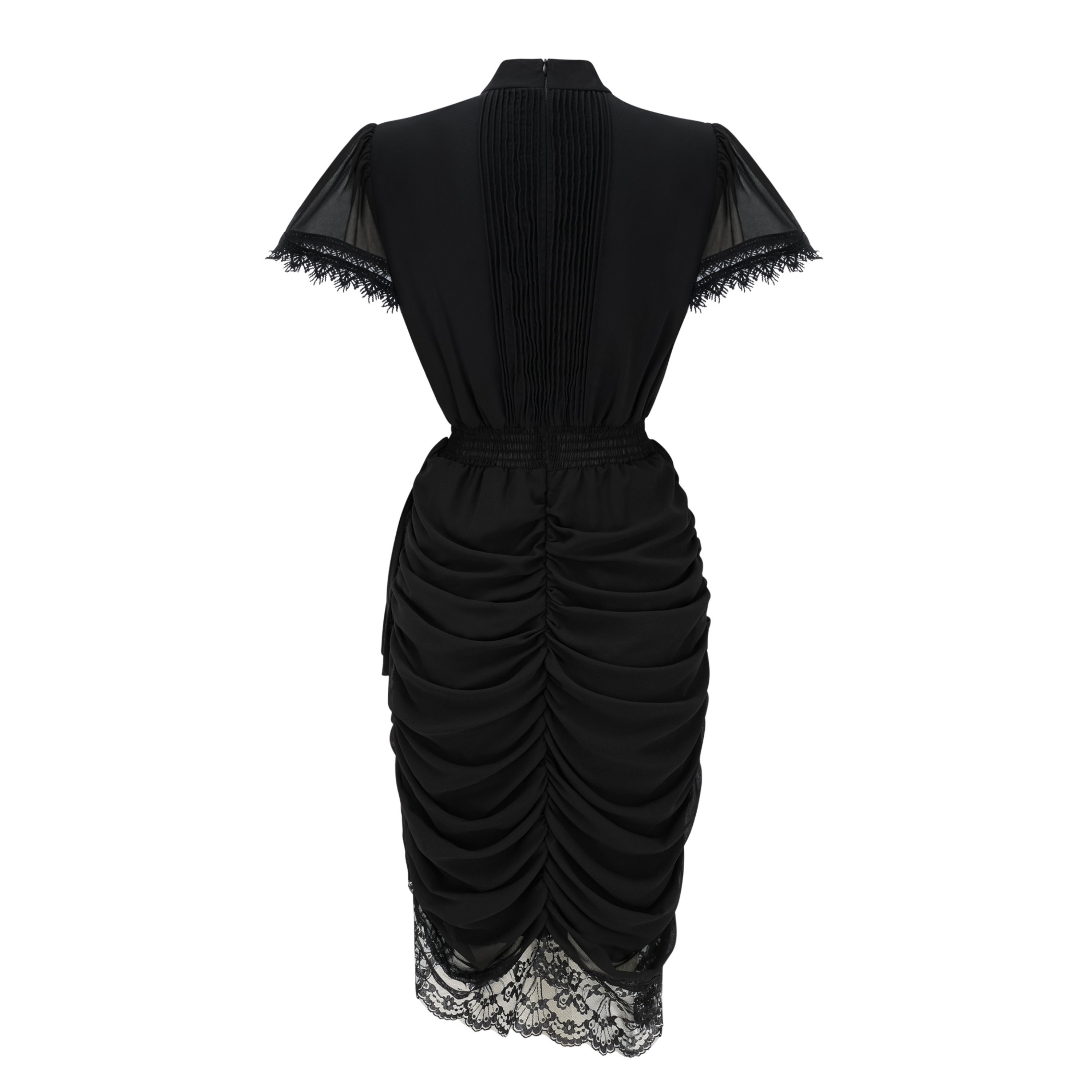 Avis Black Ruched Mini Dress with Lace Trim