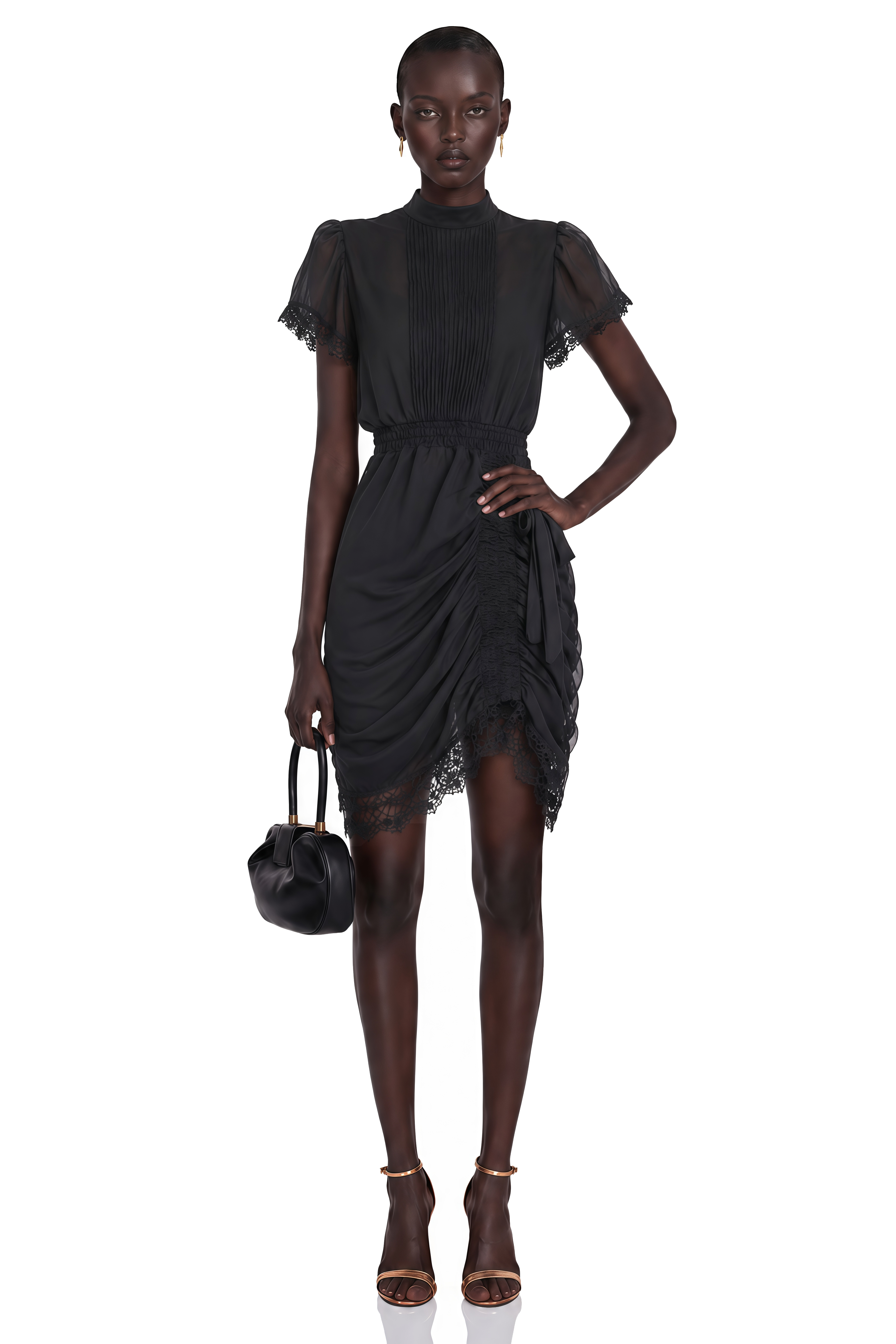 Black short-sleeve mini dress with a pleated bodice and ruched skirt