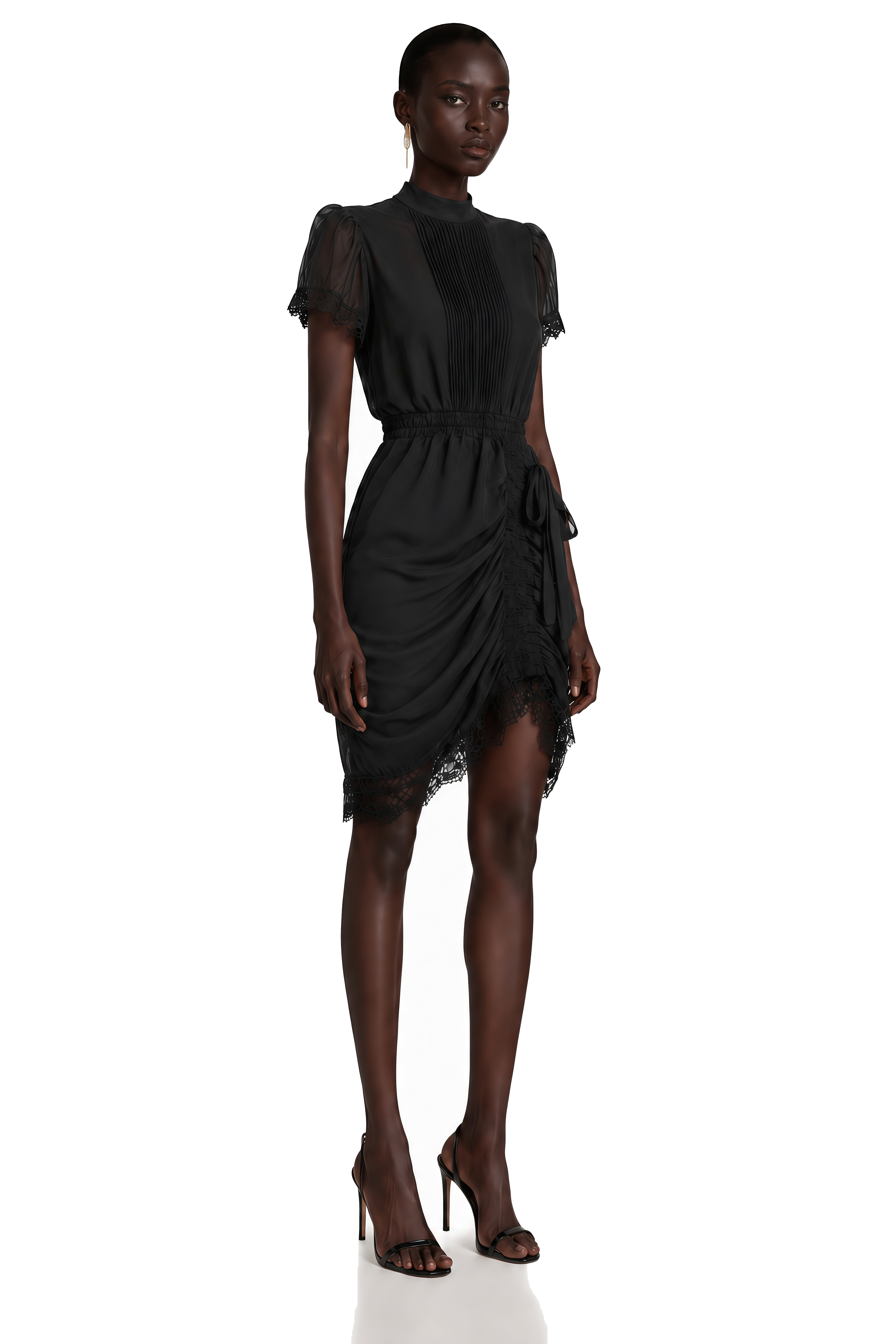 Black short-sleeve mini dress with a pleated bodice and ruched skirt