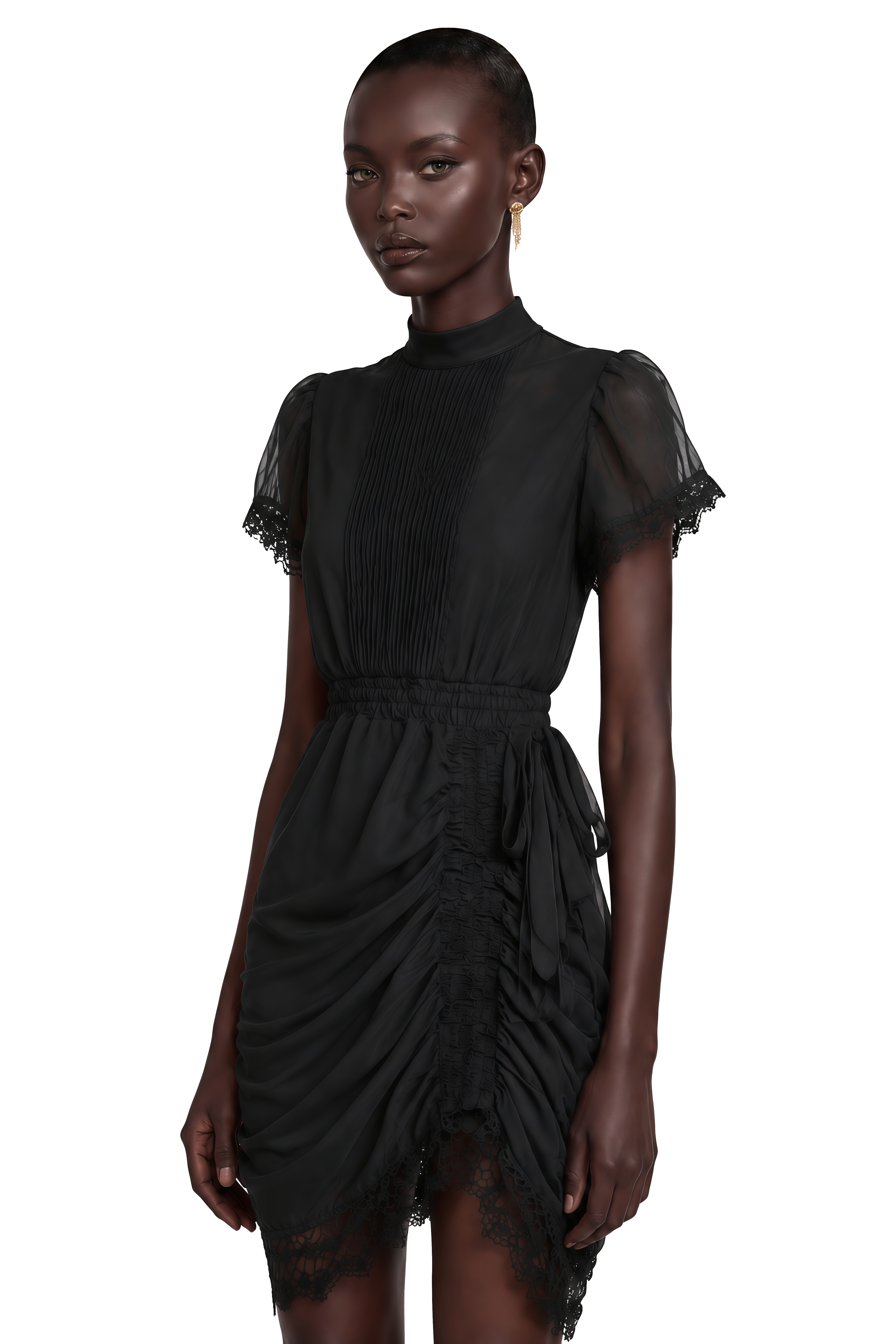 Black short-sleeve mini dress with a pleated bodice and ruched skirt