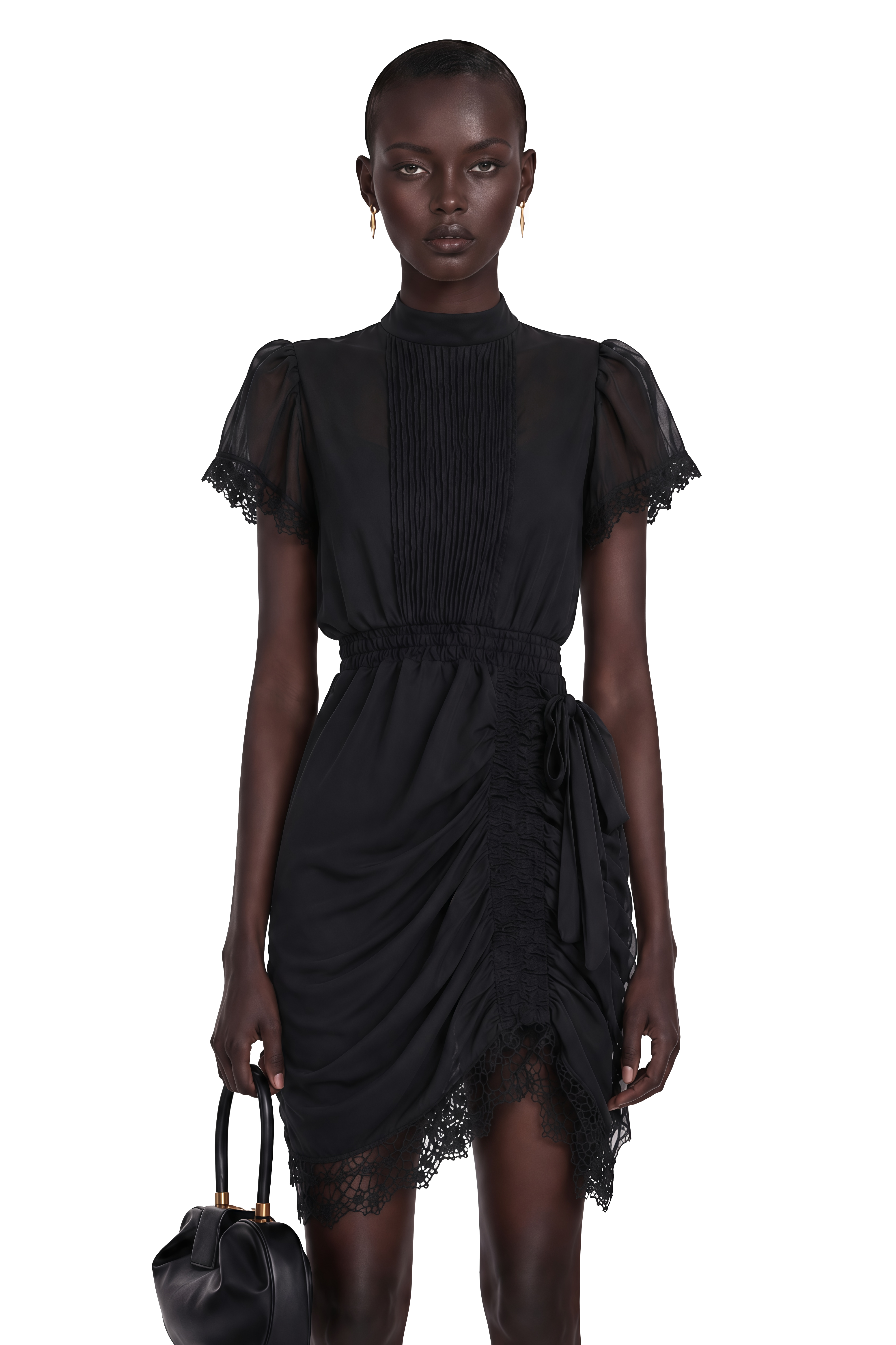 Black short-sleeve mini dress with a pleated bodice and ruched skirt