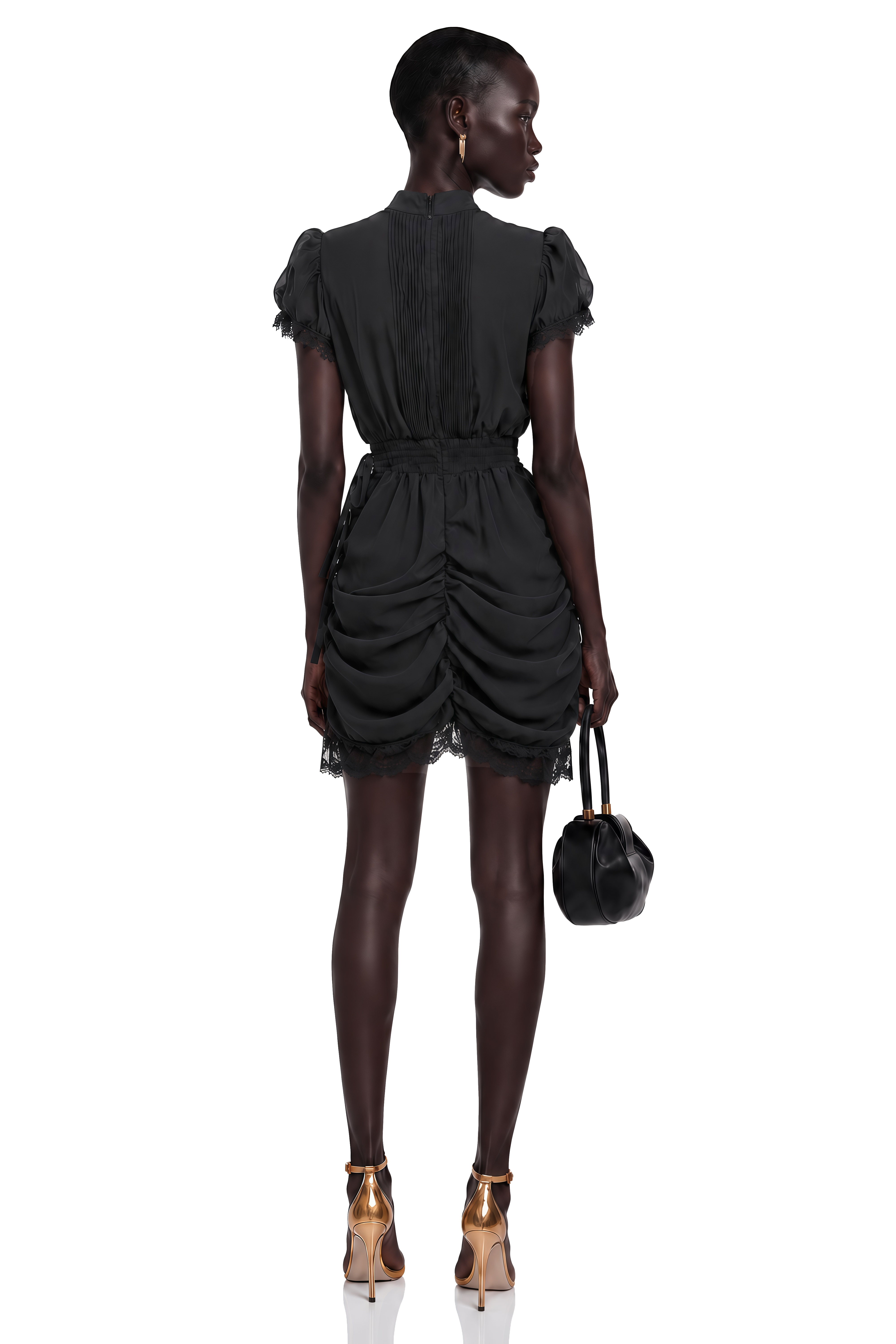 Black short-sleeve mini dress with a pleated bodice and ruched skirt