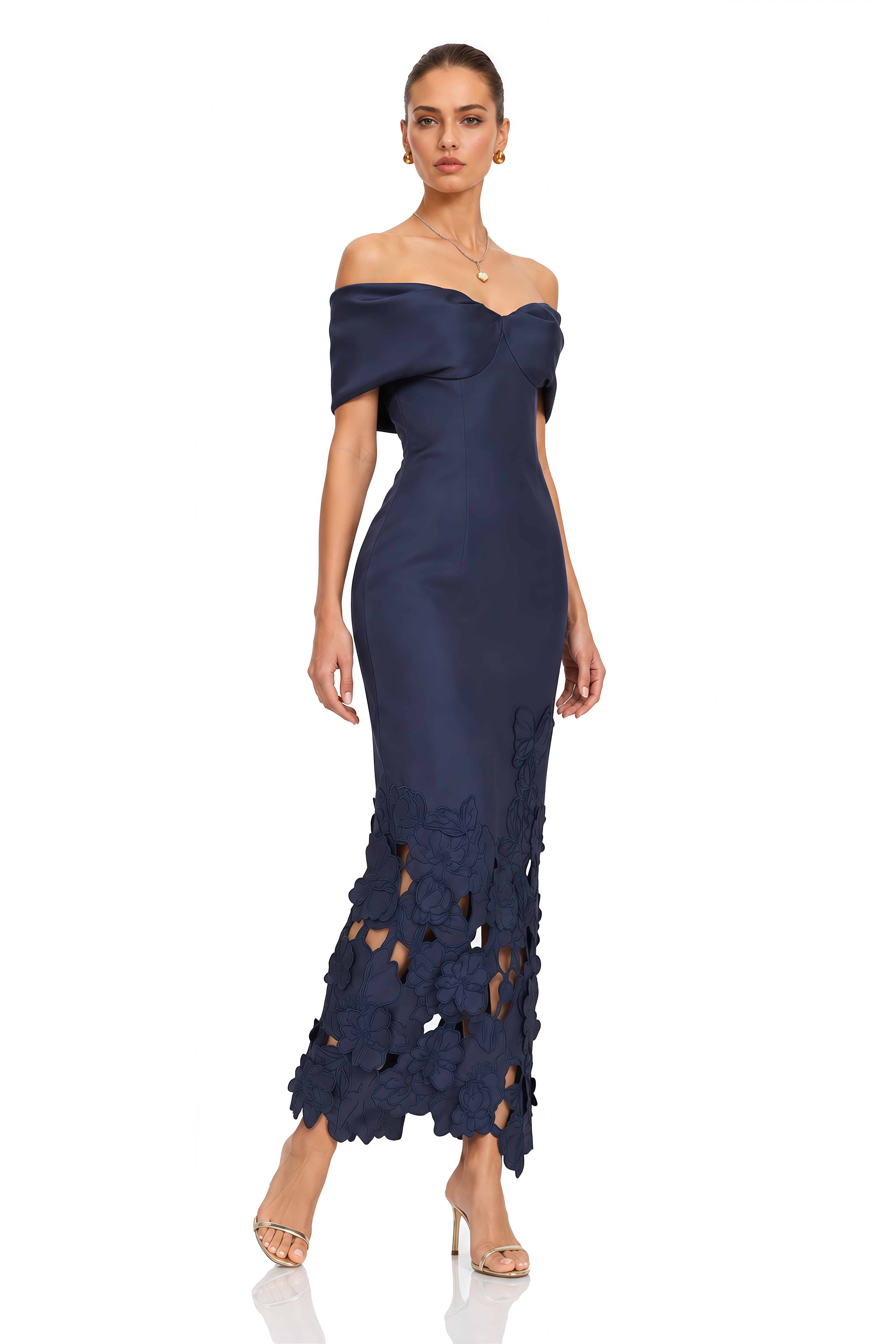 Ayat Navy Blue Off Shoulder Floral Cut-Out Midi Dress