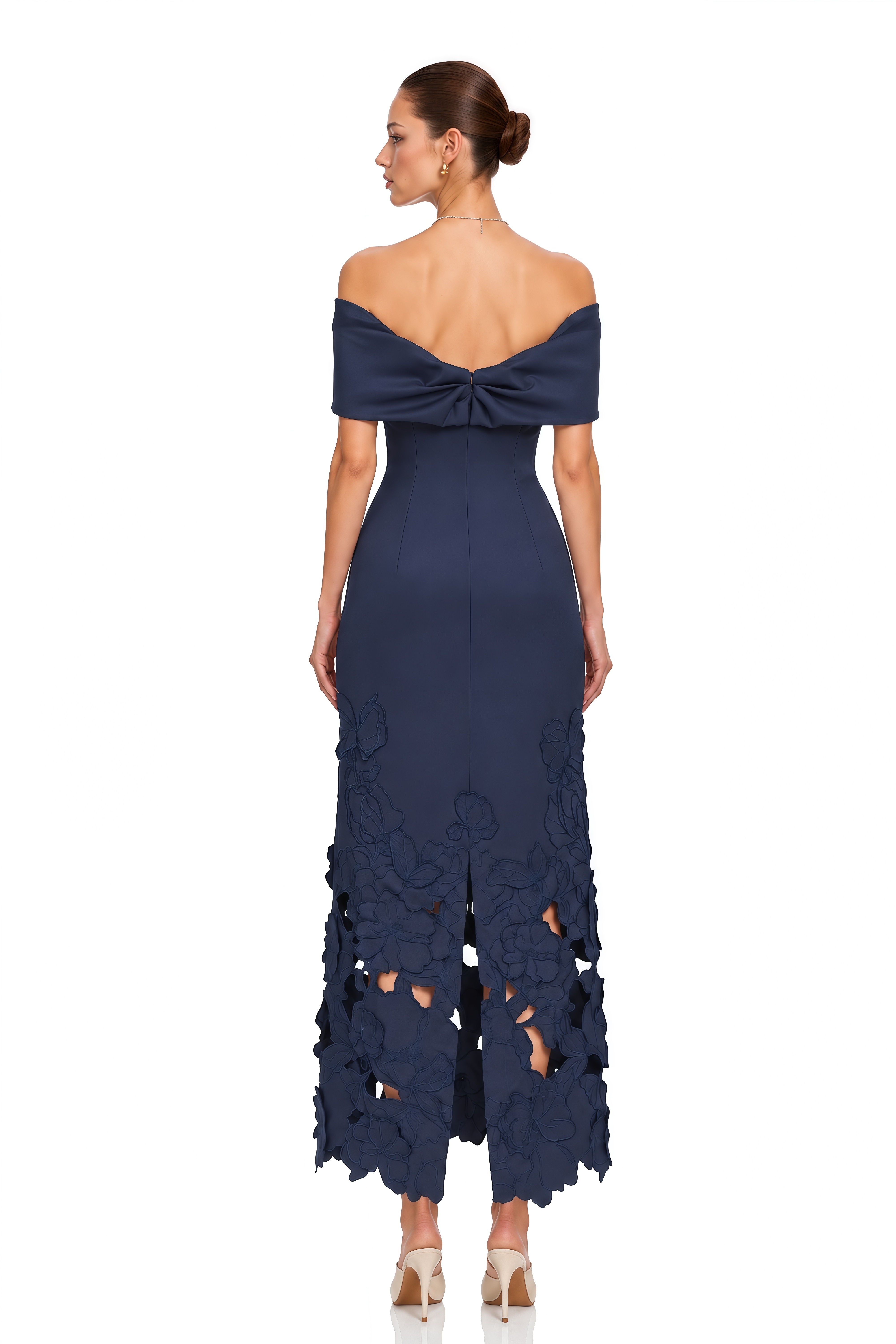 Ayat Navy Blue Off Shoulder Floral Cut-Out Midi Dress