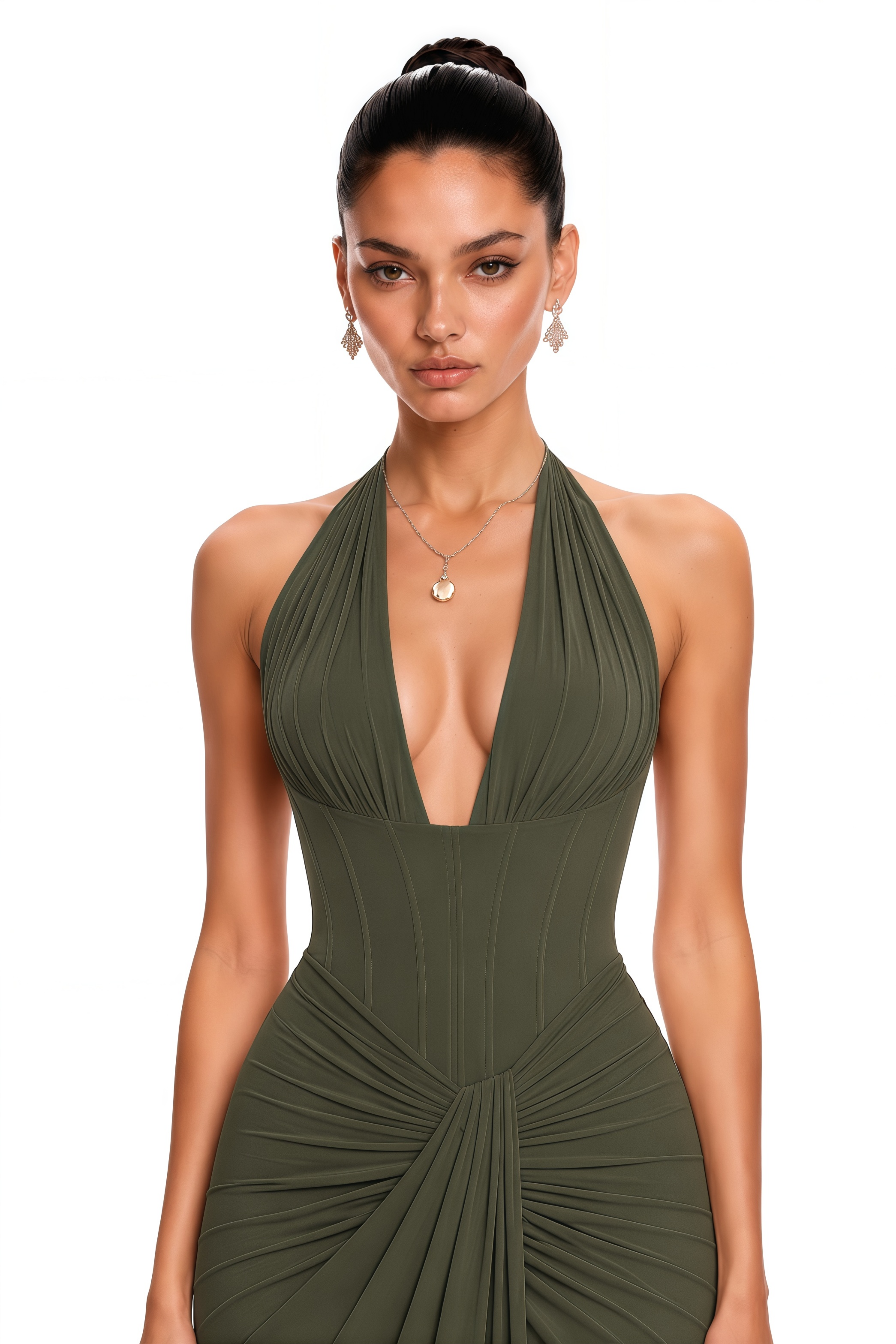 Ayesha Olive Green Halterneck Ruched Maxi Dress