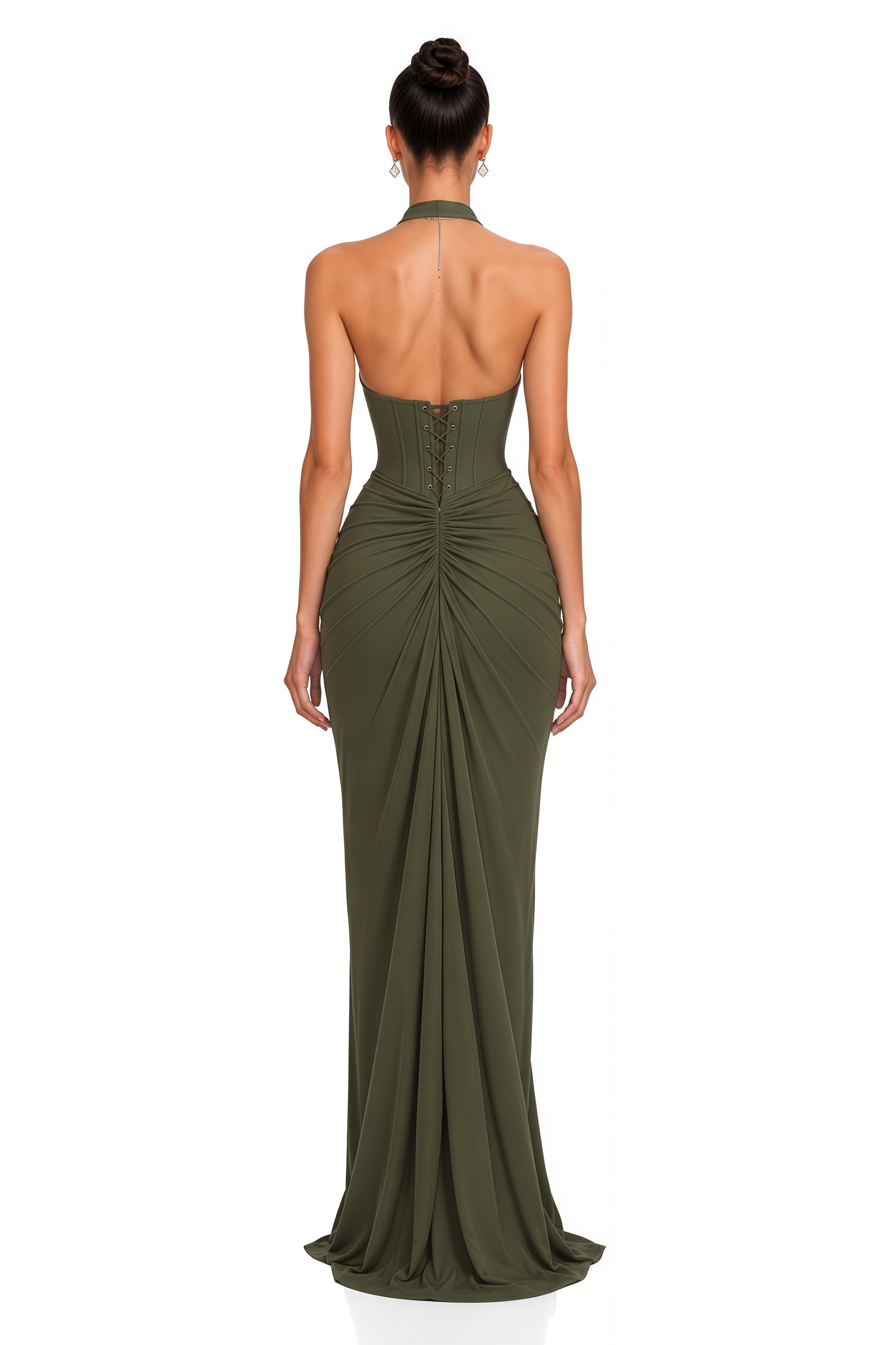 Ayesha Olive Green Halterneck Ruched Maxi Dress