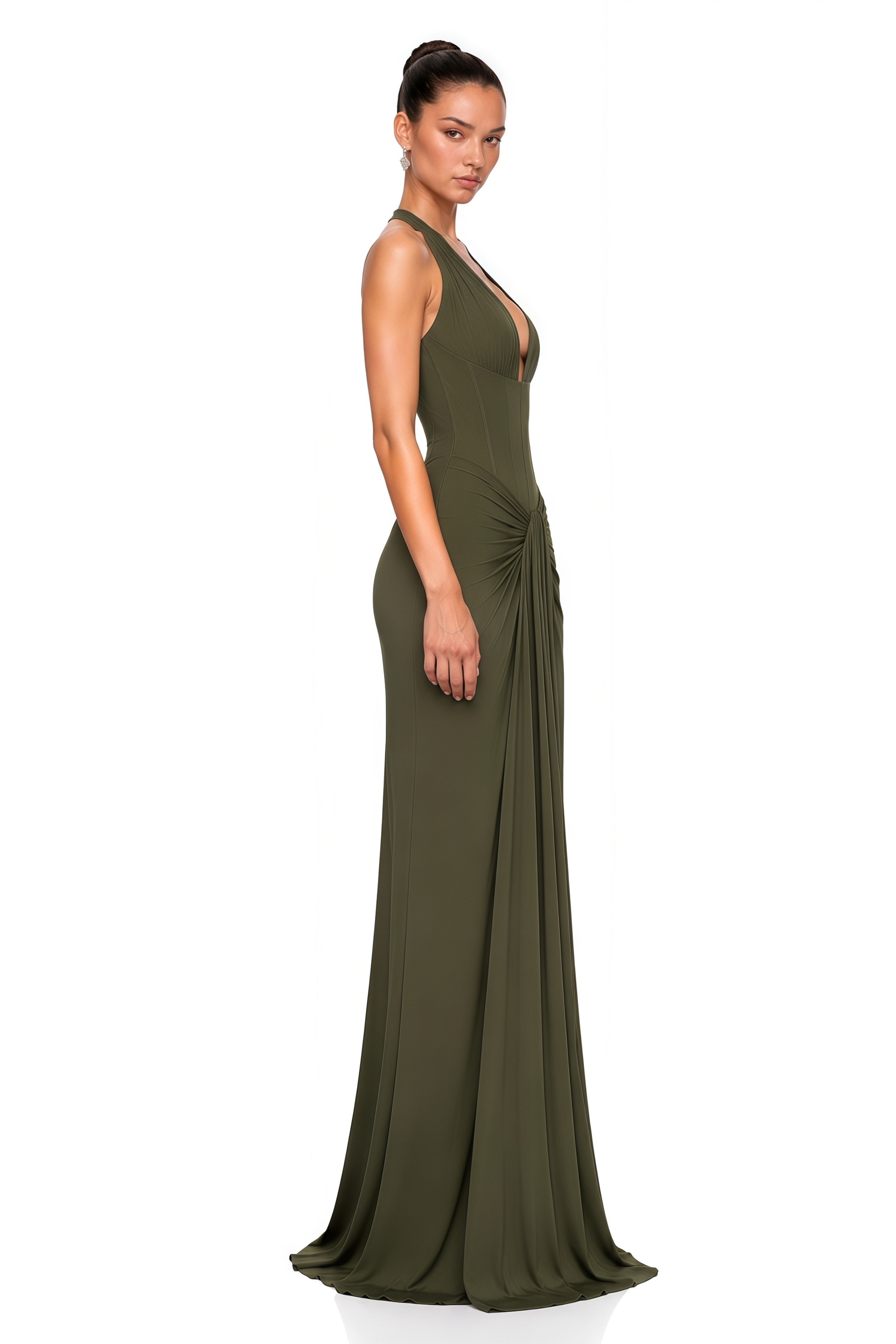 Ayesha Olive Green Halterneck Ruched Maxi Dress