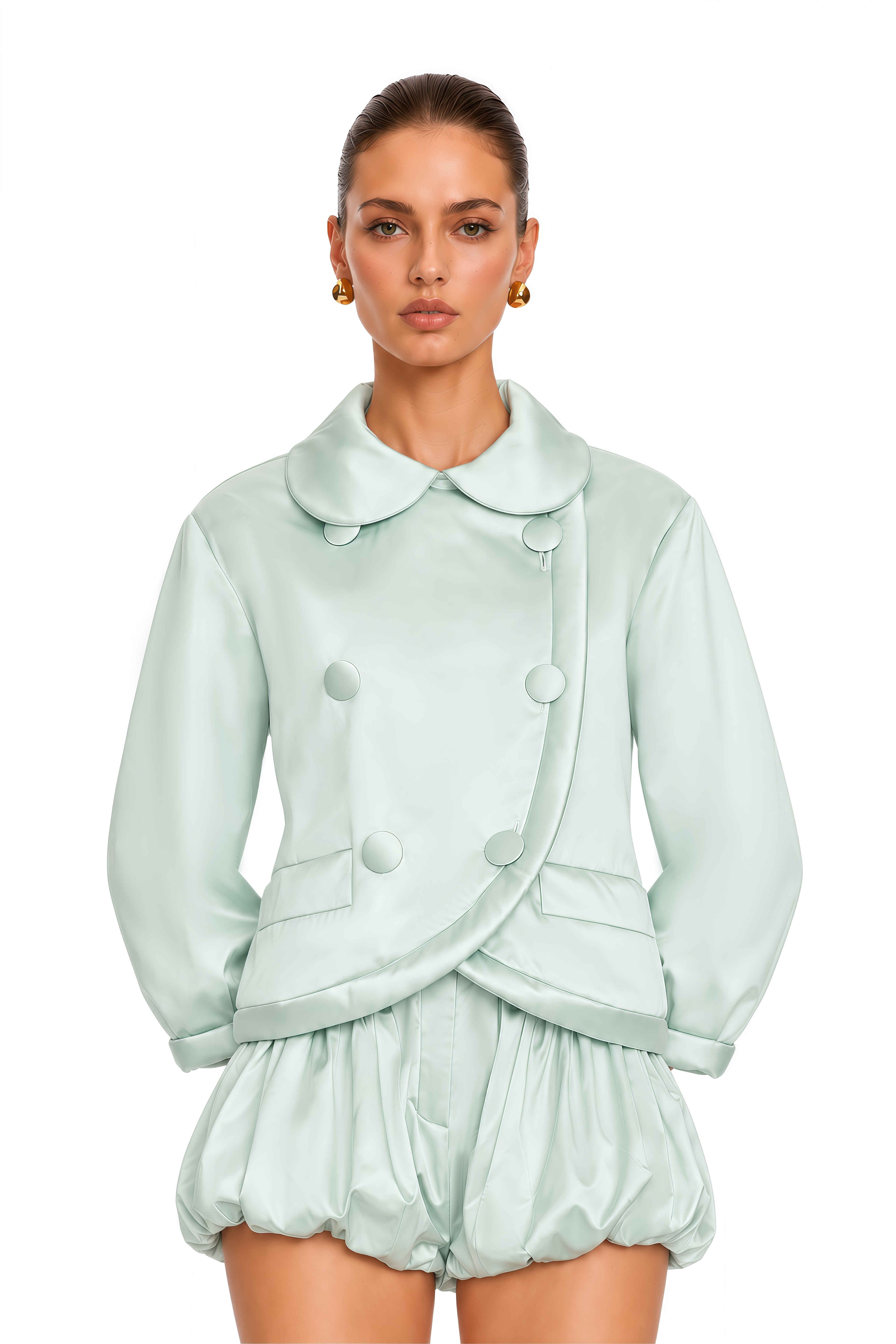 Ayla Mint Green Satin Double Breasted Cropped Jacket
