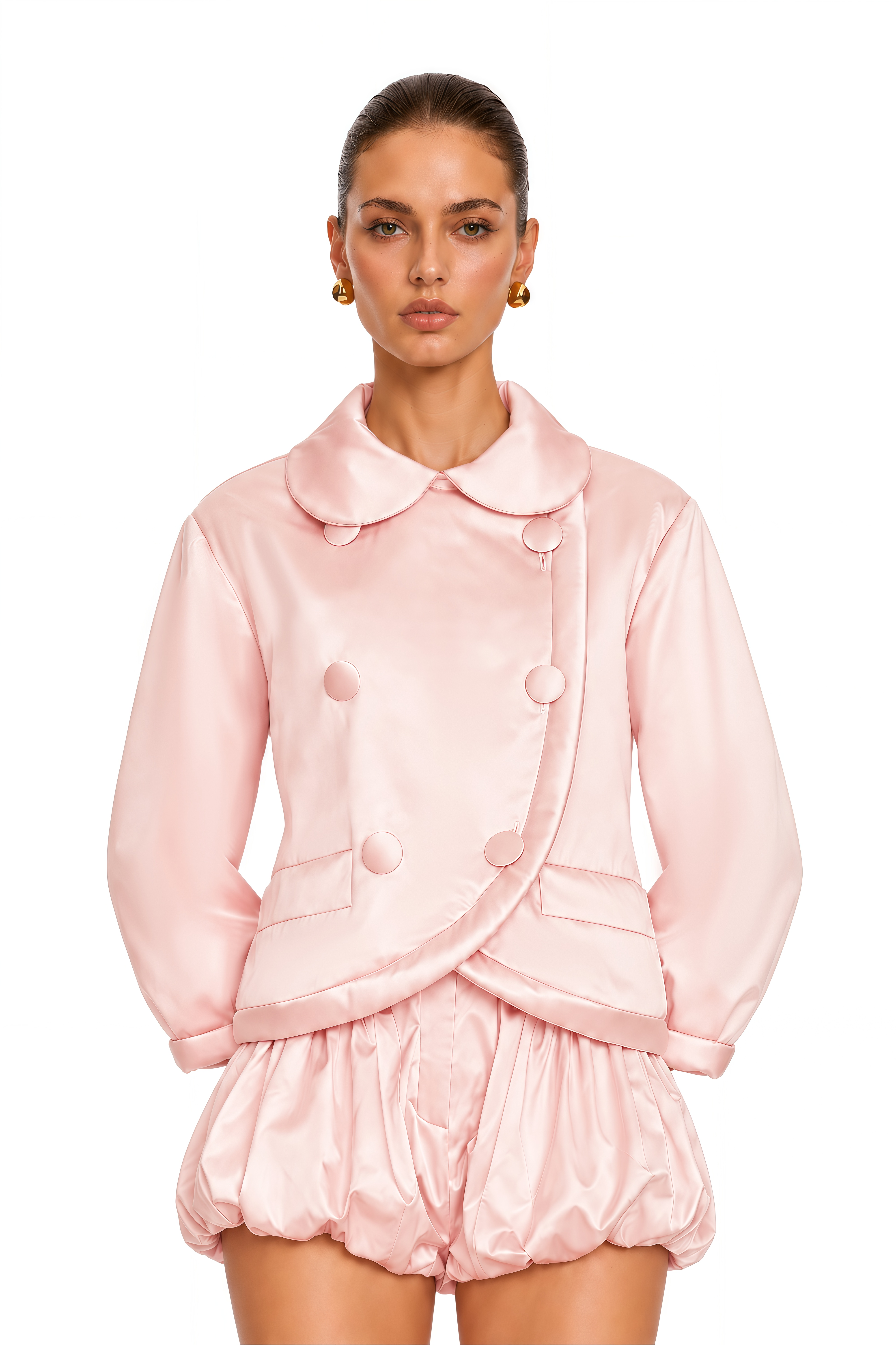 Ayla Pink Satin Double-Breasted Cropped Jacket