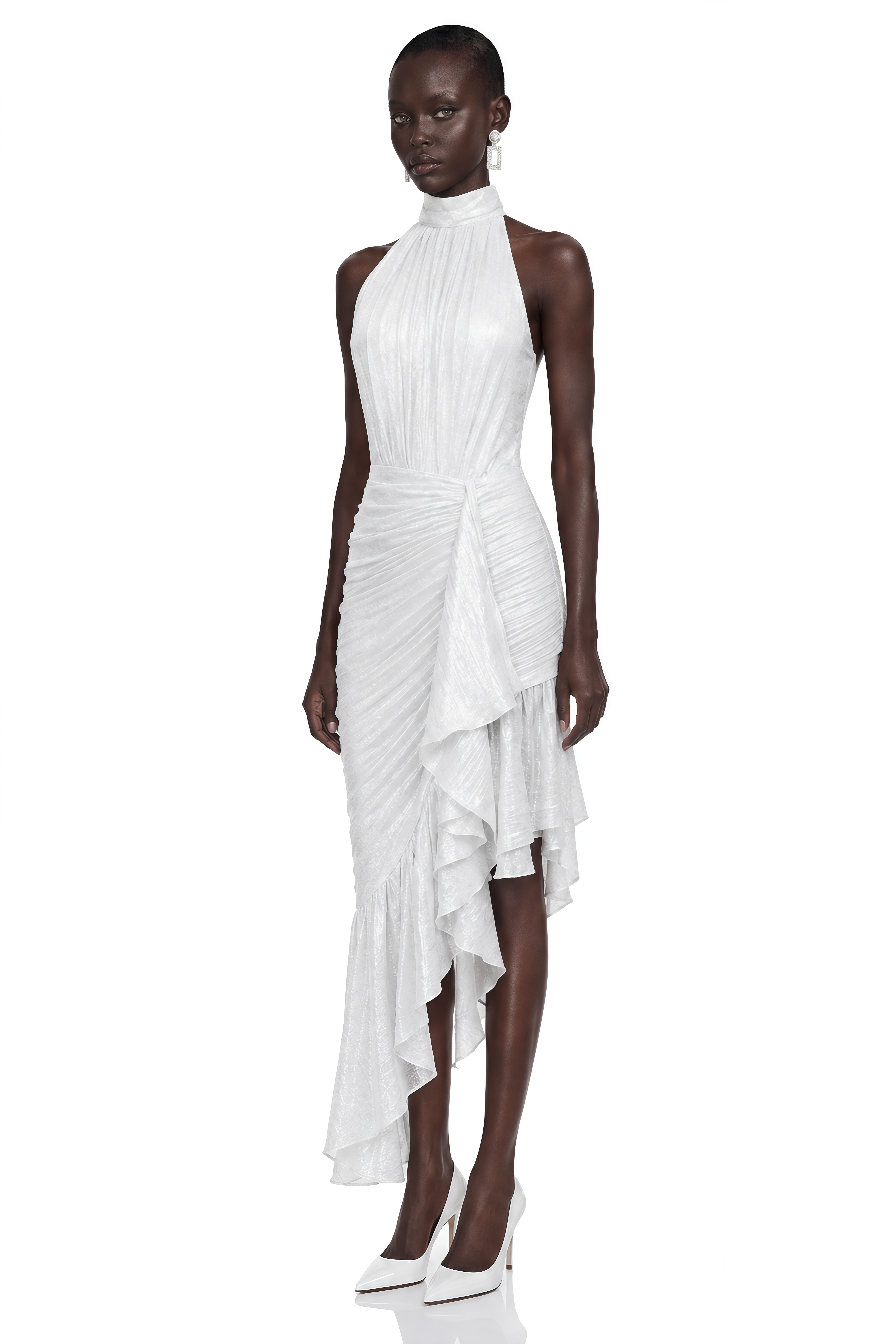 Ayleen White Halterneck Ruched Ruffle Midi Dress