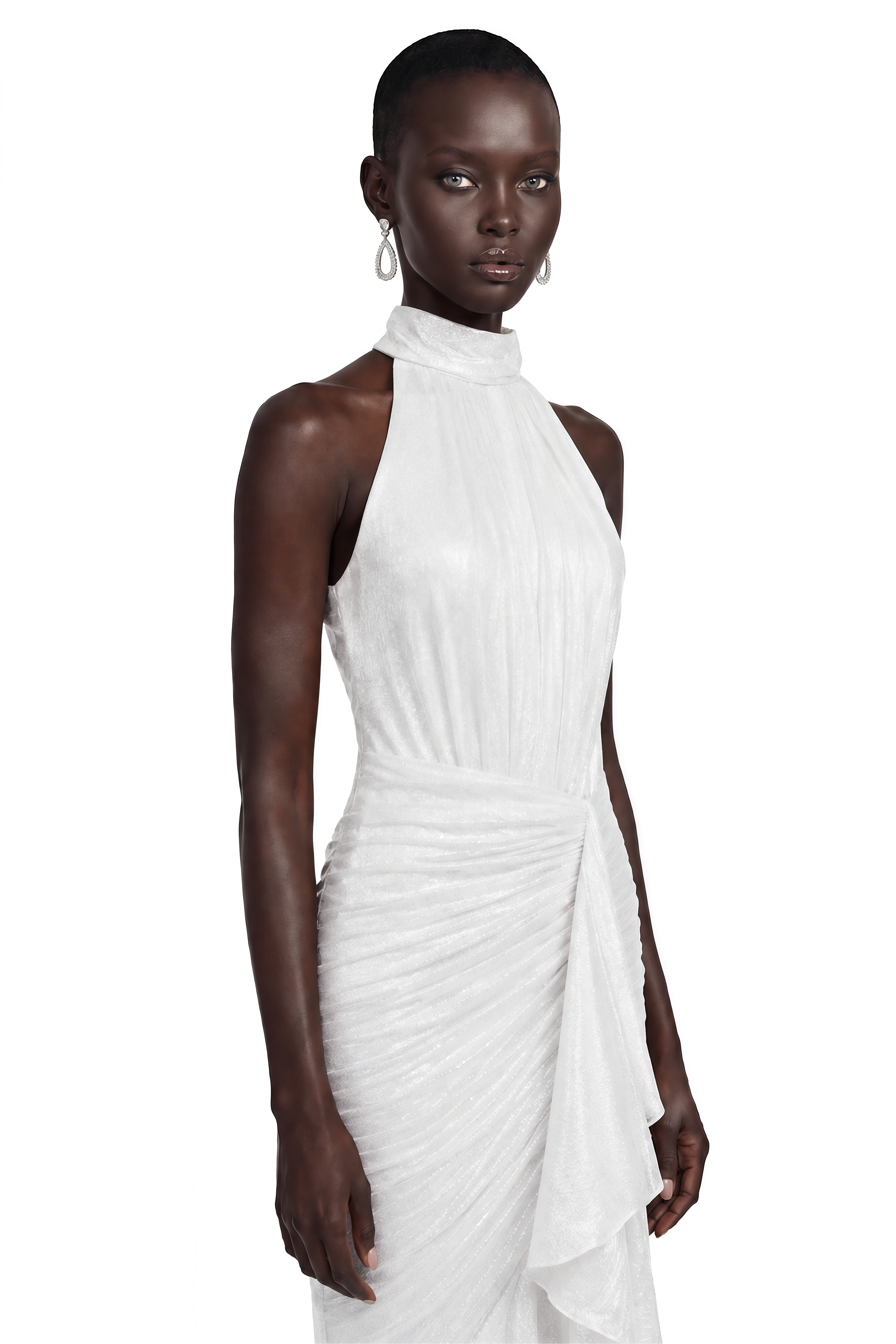 Ayleen White Halterneck Ruched Ruffle Midi Dress