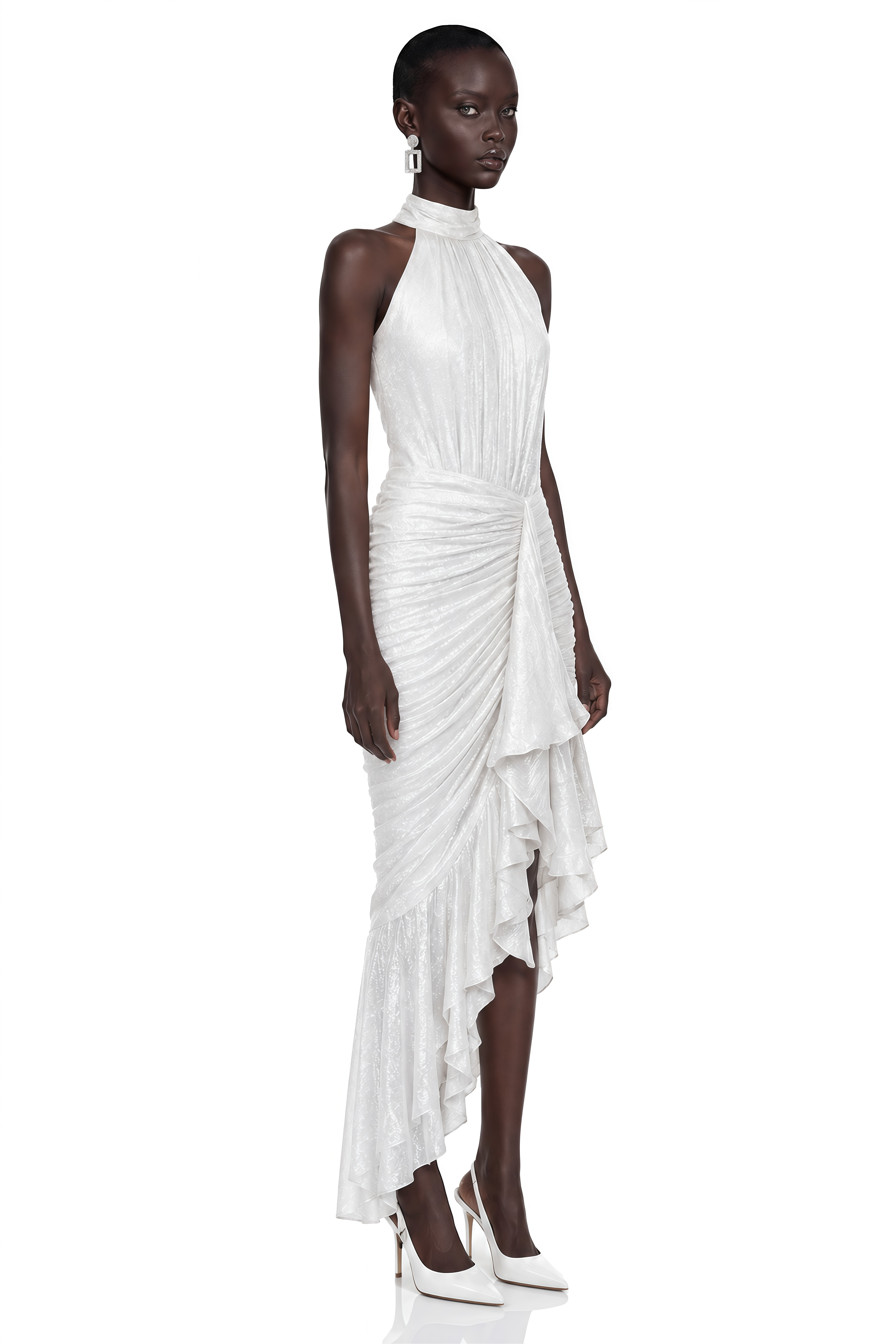 Ayleen White Halterneck Ruched Ruffle Midi Dress