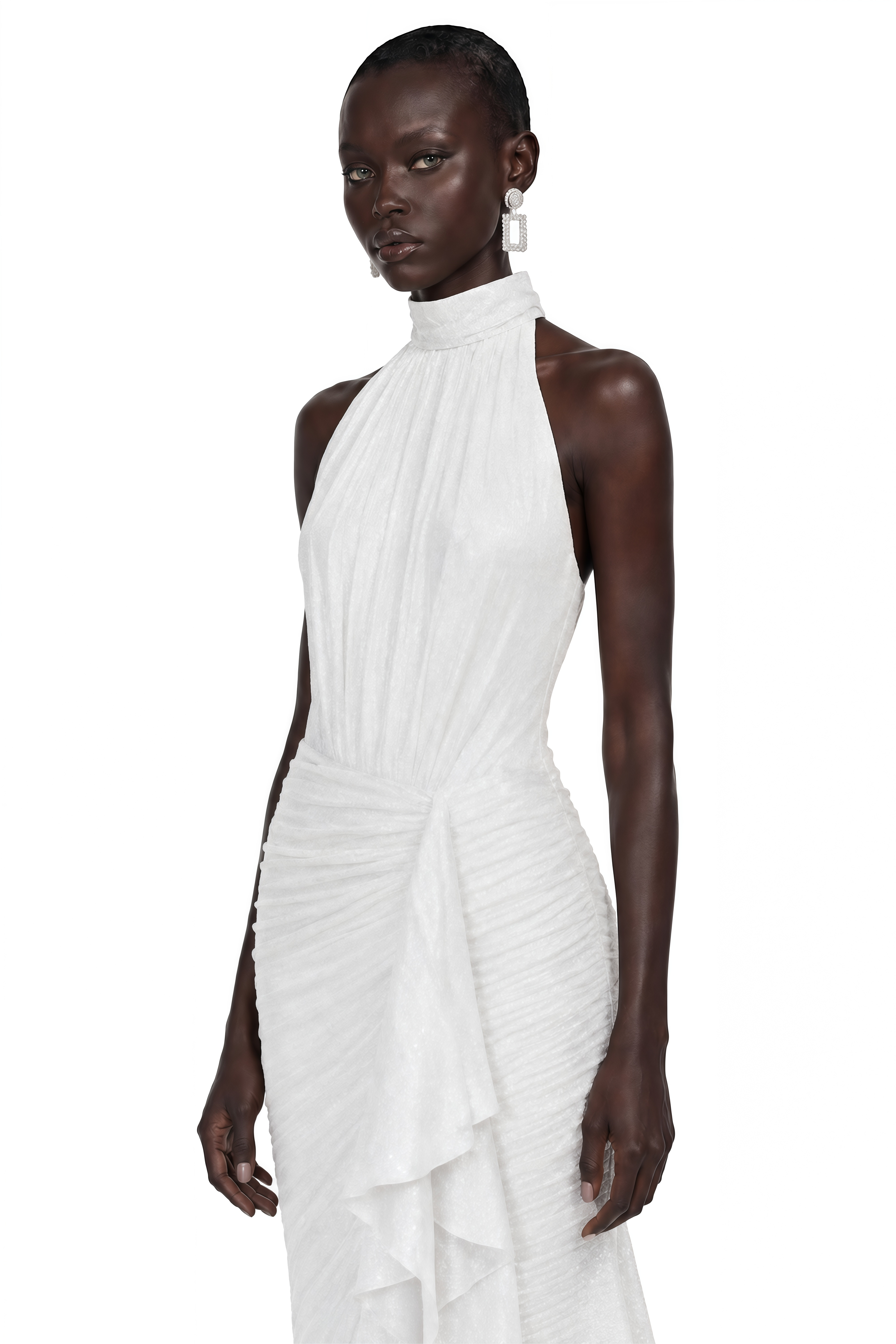 Ayleen White Halterneck Ruched Ruffle Midi Dress