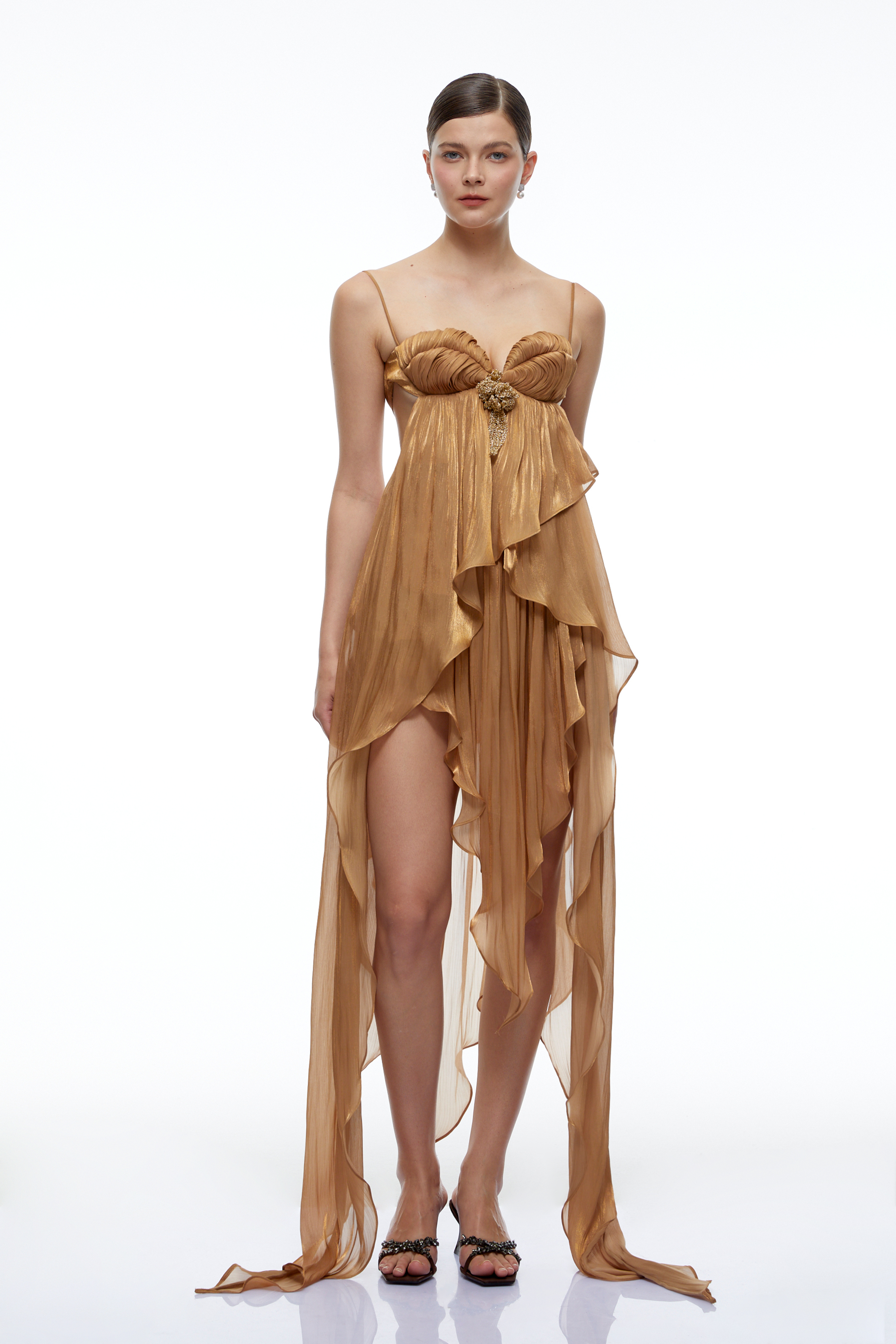 Aylin Champagne Gold Backless Ruched Midi Dress