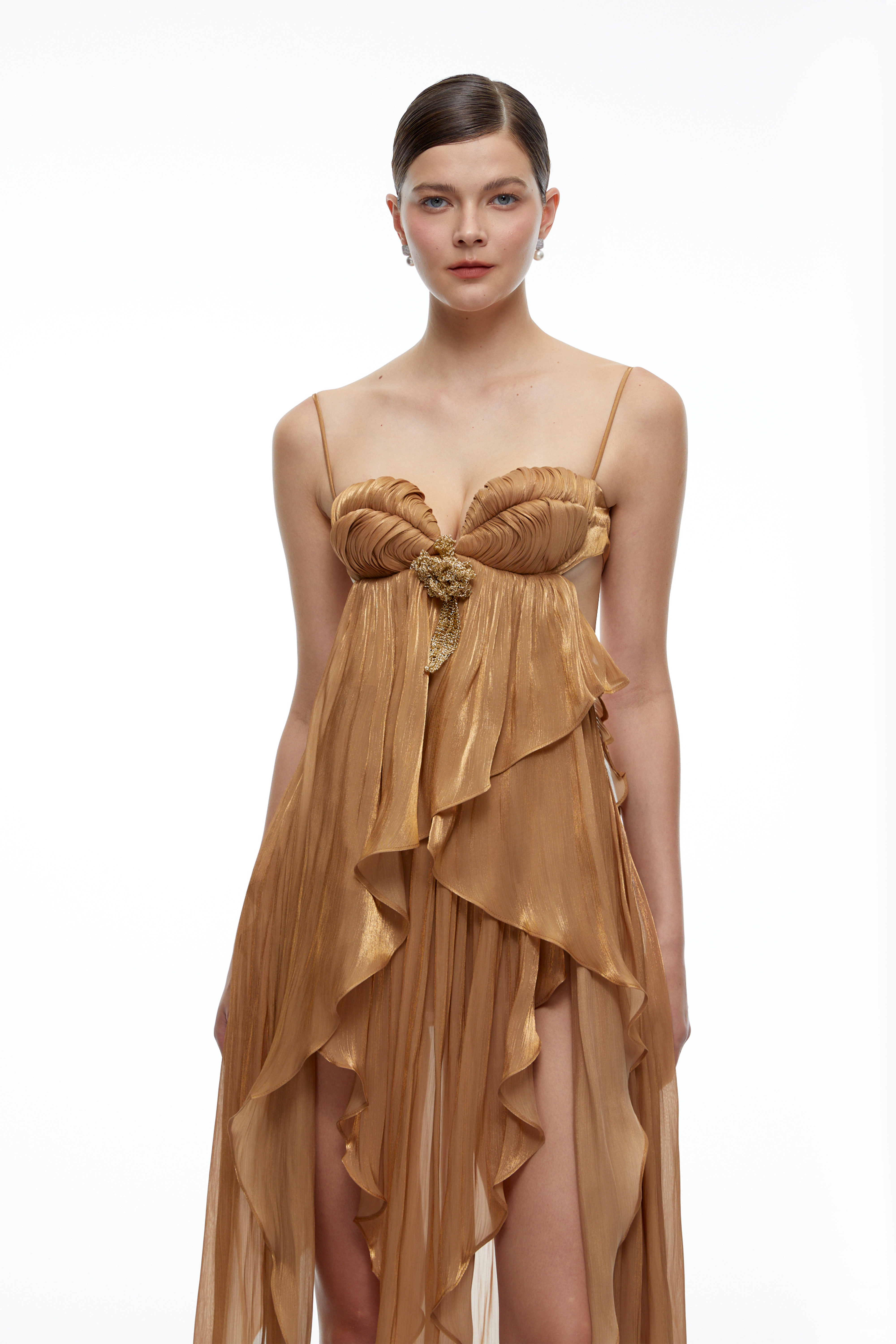 Aylin Champagne Gold Backless Ruched Midi Dress