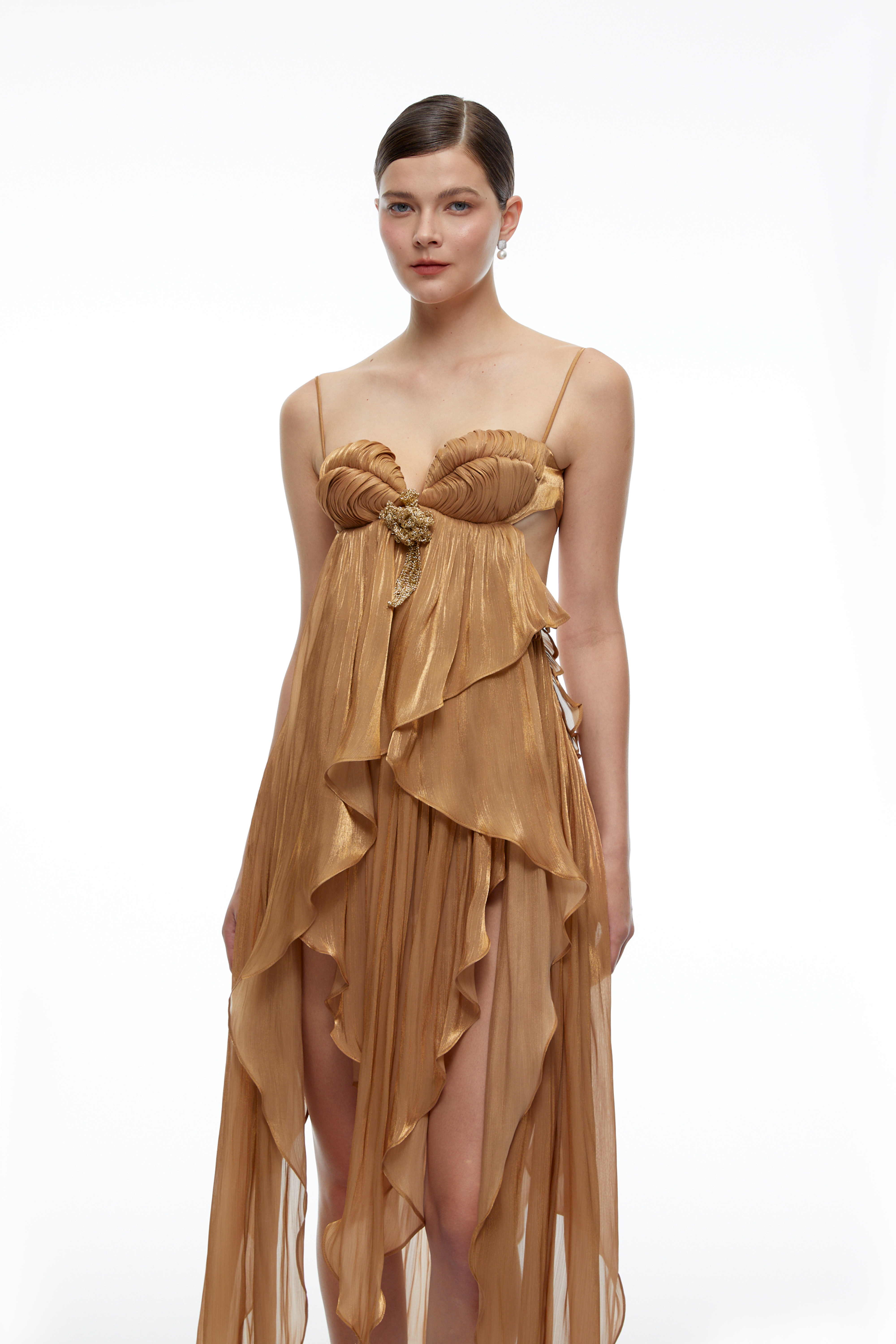 Aylin Champagne Gold Backless Ruched Midi Dress