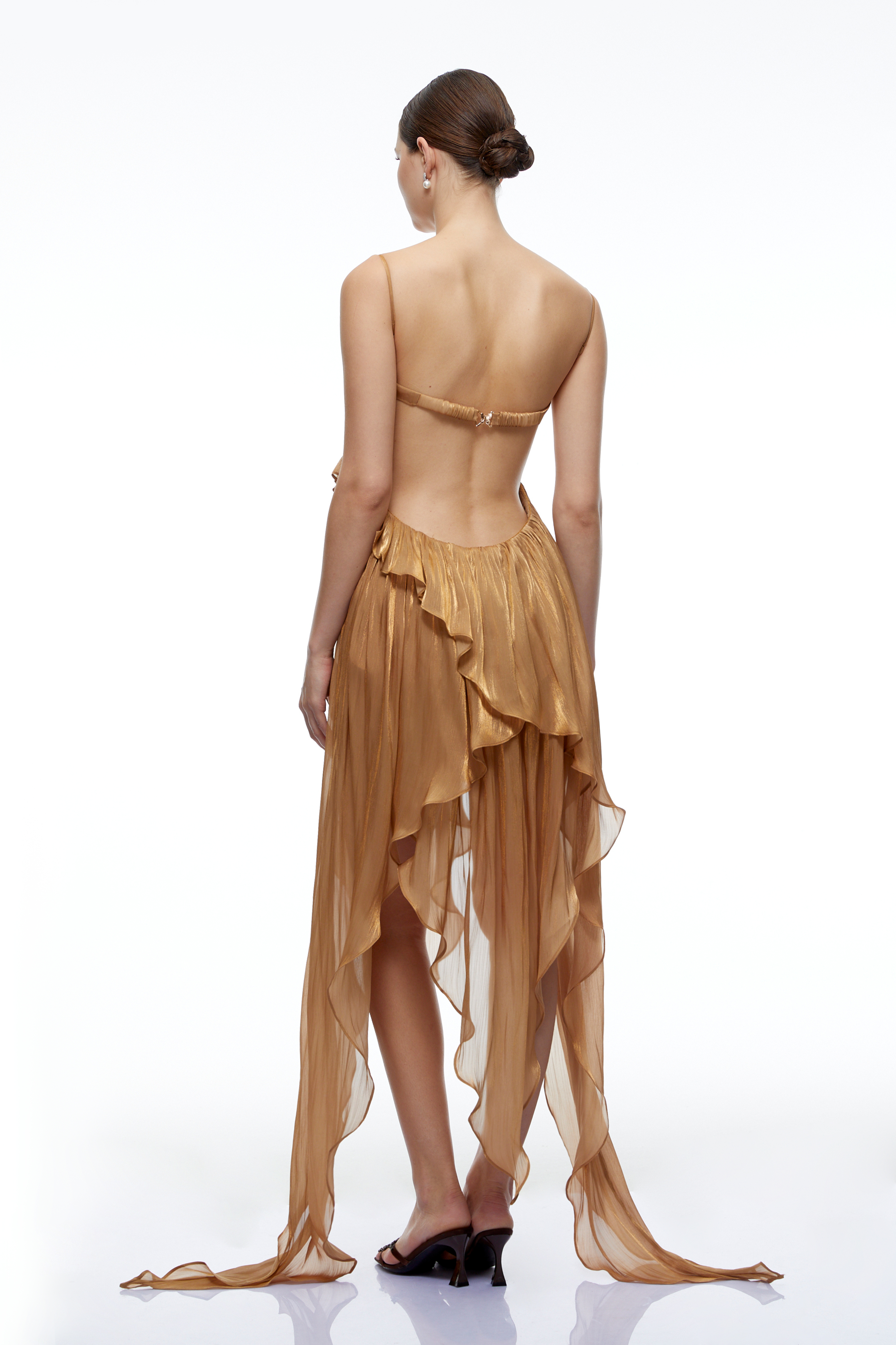 Aylin Champagne Gold Backless Ruched Midi Dress