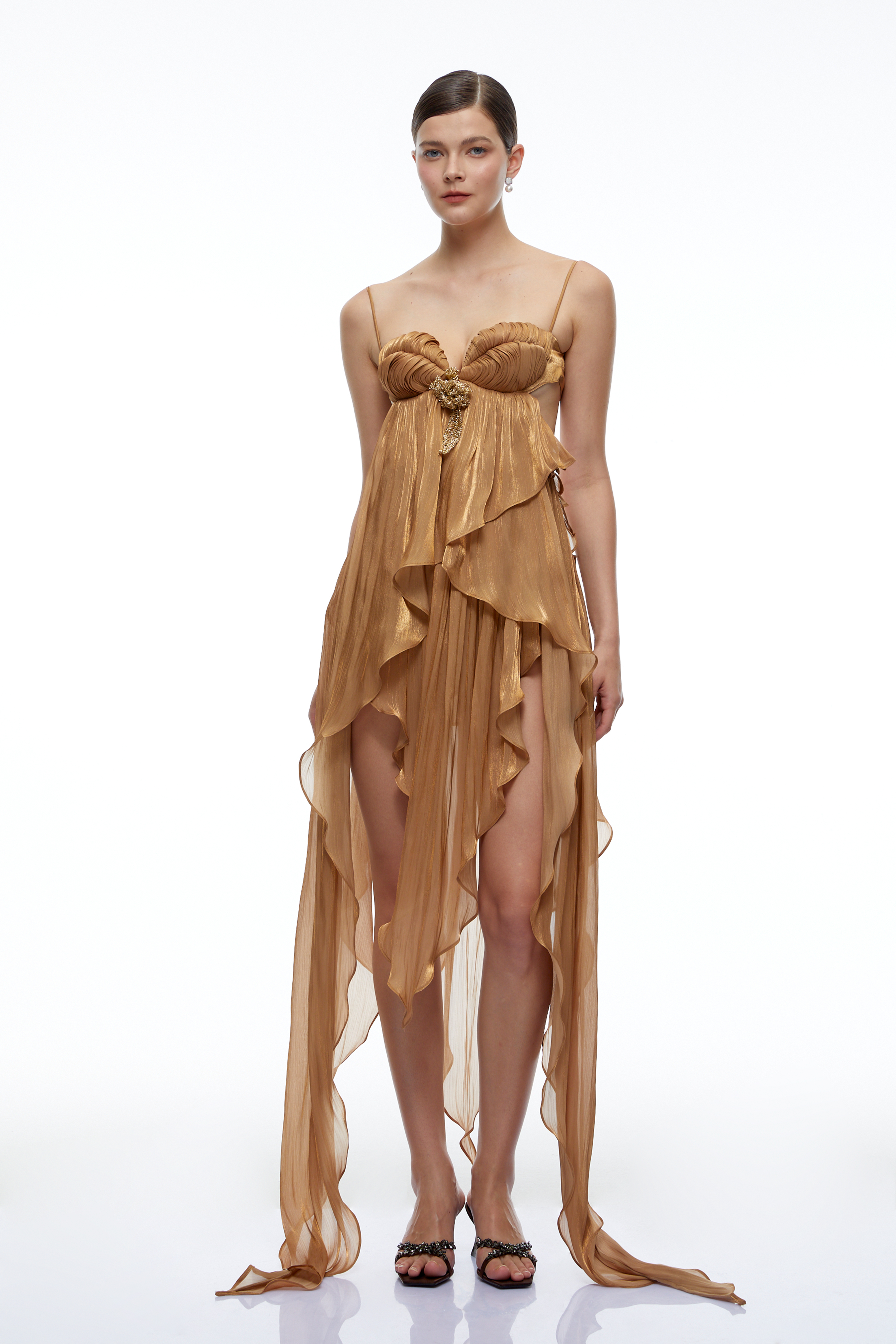Aylin Champagne Gold Backless Ruched Midi Dress