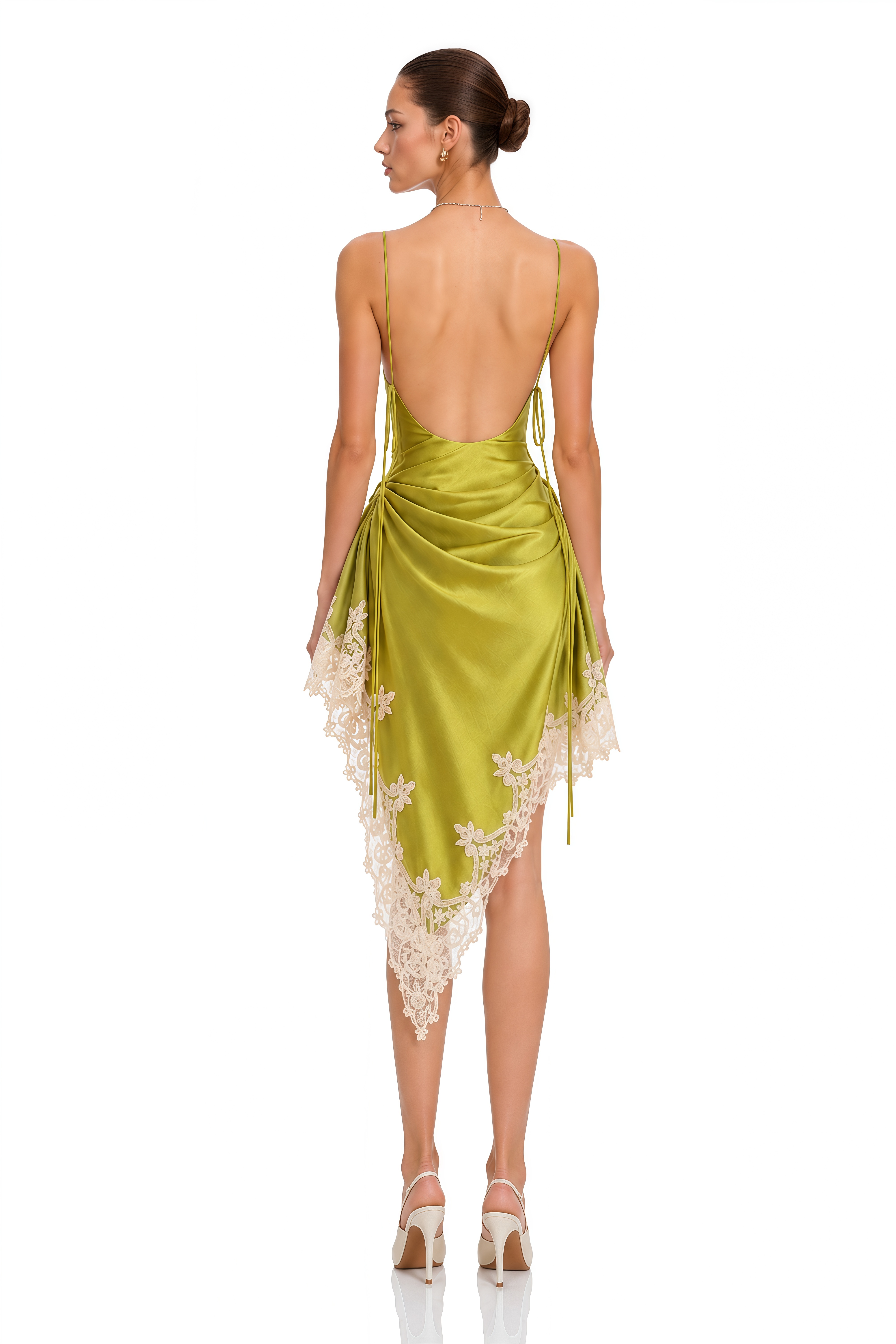Ayra Green Lace Trim Asymmetrical Satin Midi Dress