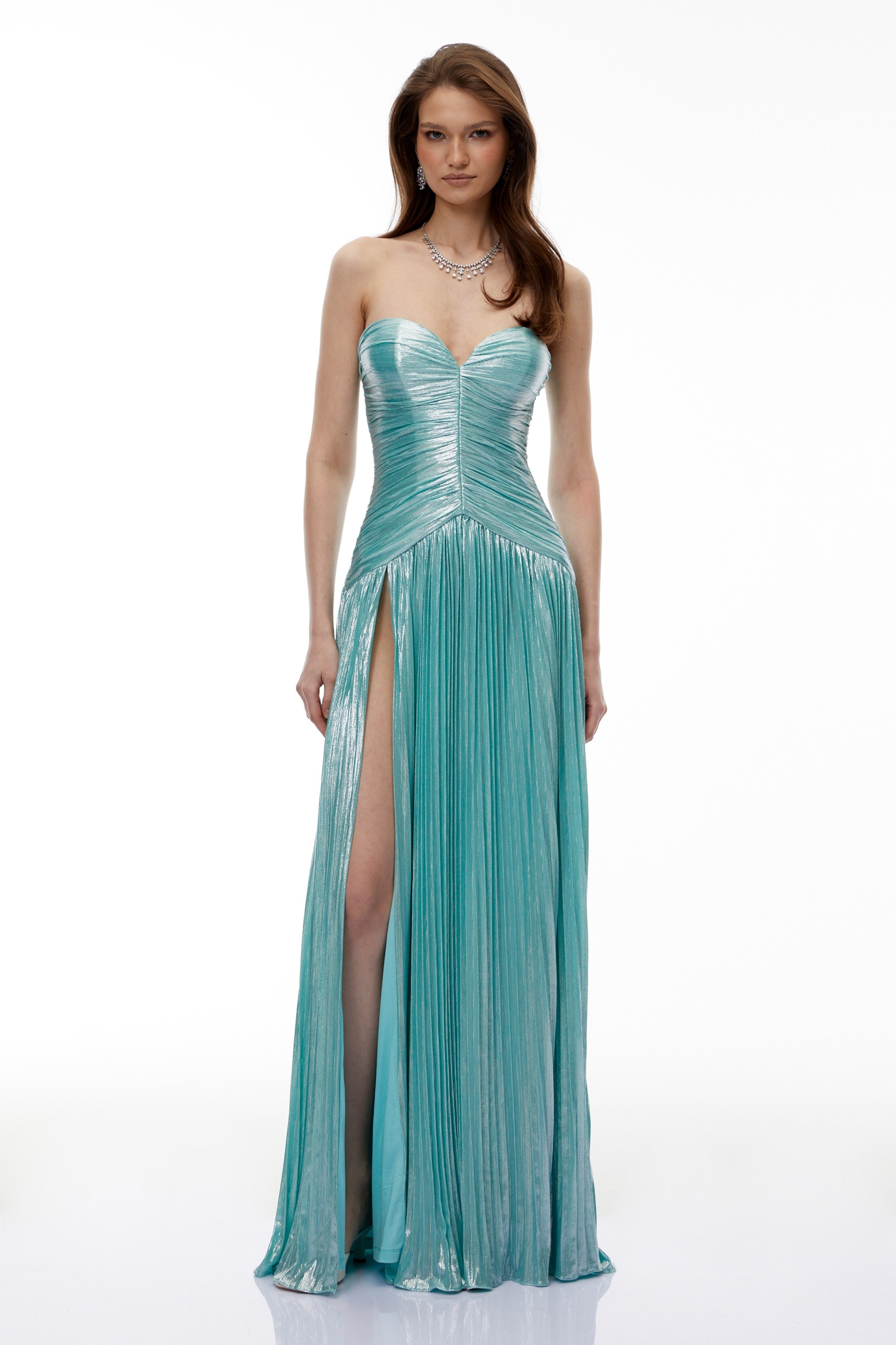 High Slit Strapless Pleated Gown