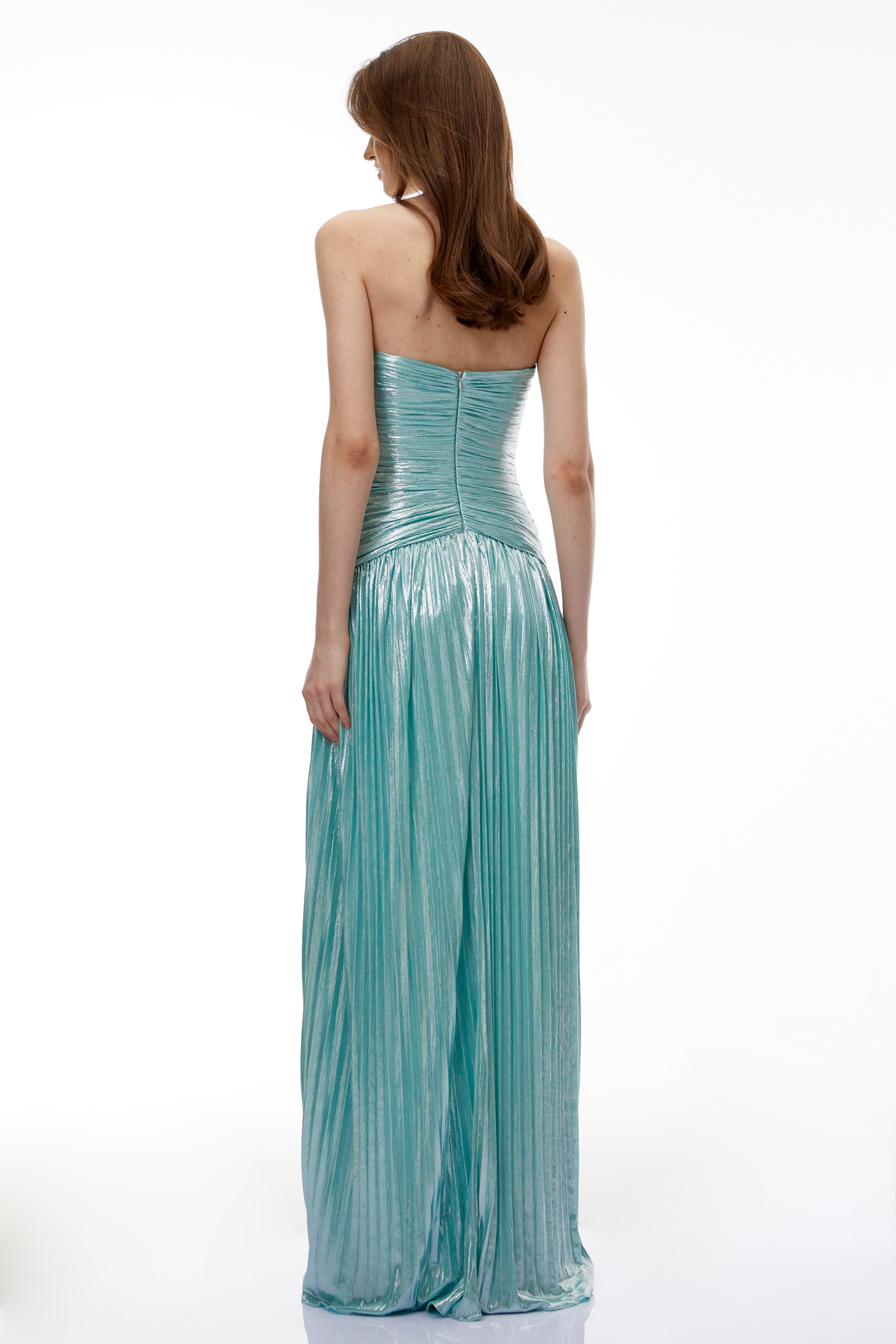 High Slit Strapless Pleated Gown