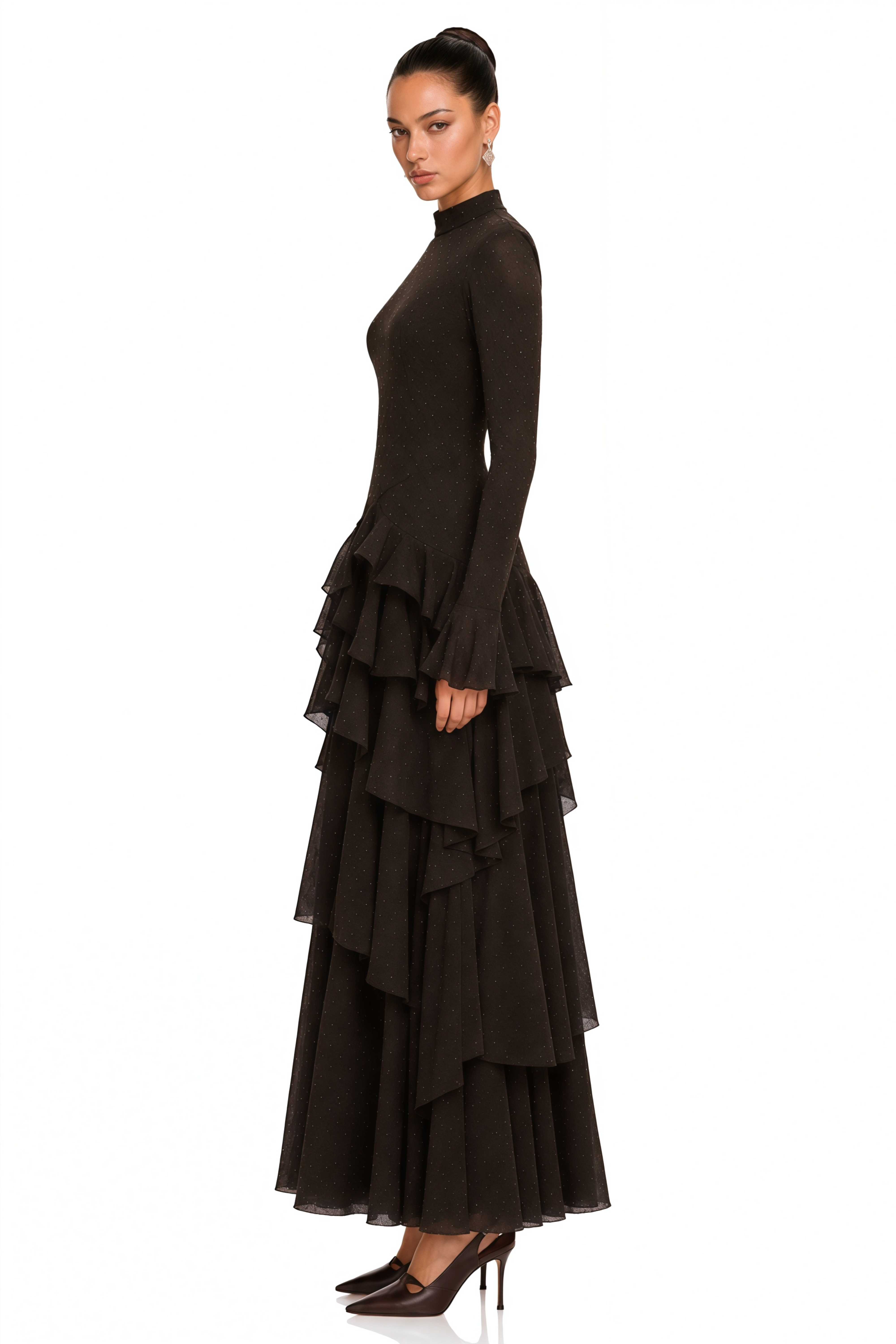Azariah Brown High Neck Tiered Long Sleeve Maxi Dress