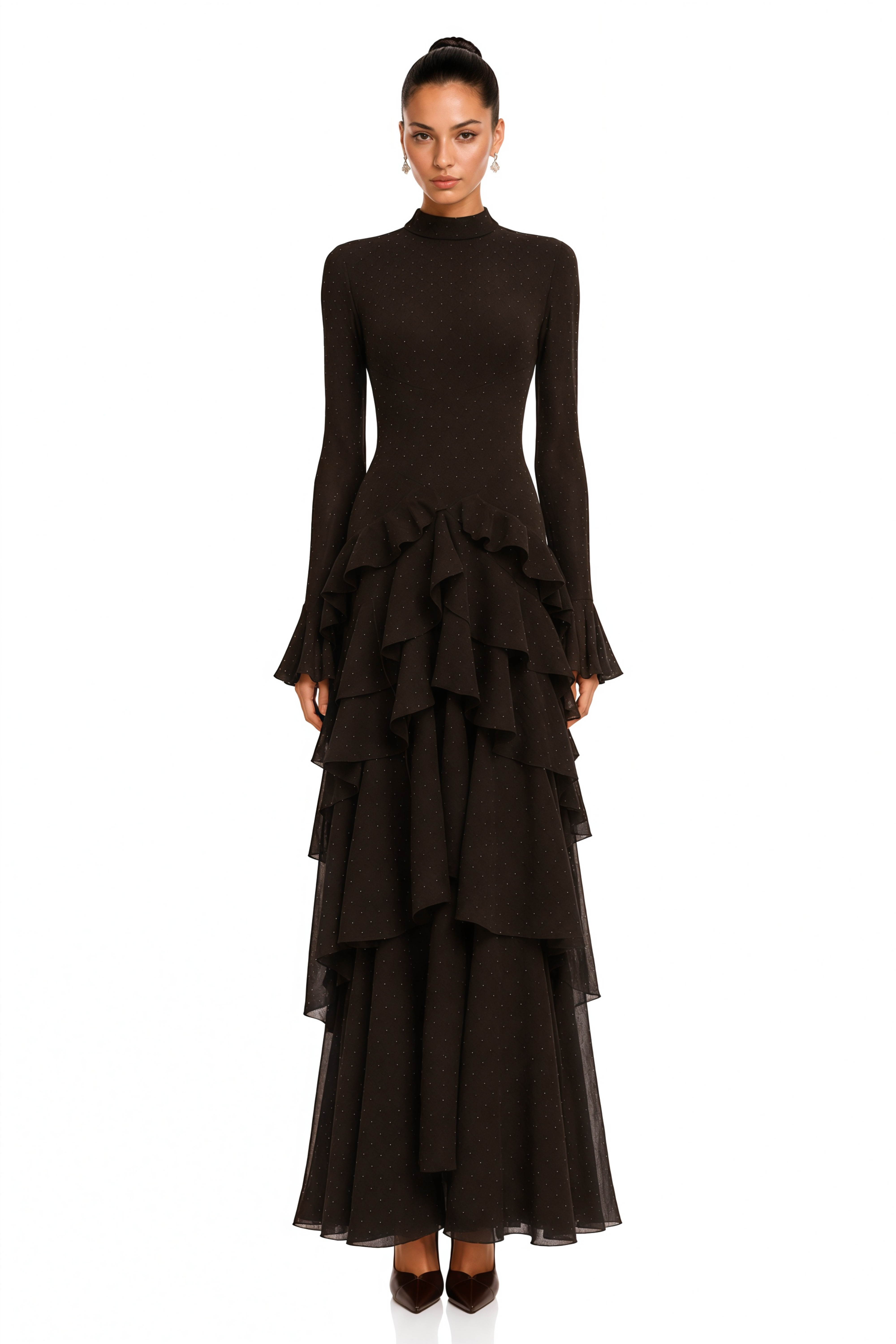 Azariah Brown High Neck Tiered Long Sleeve Maxi Dress