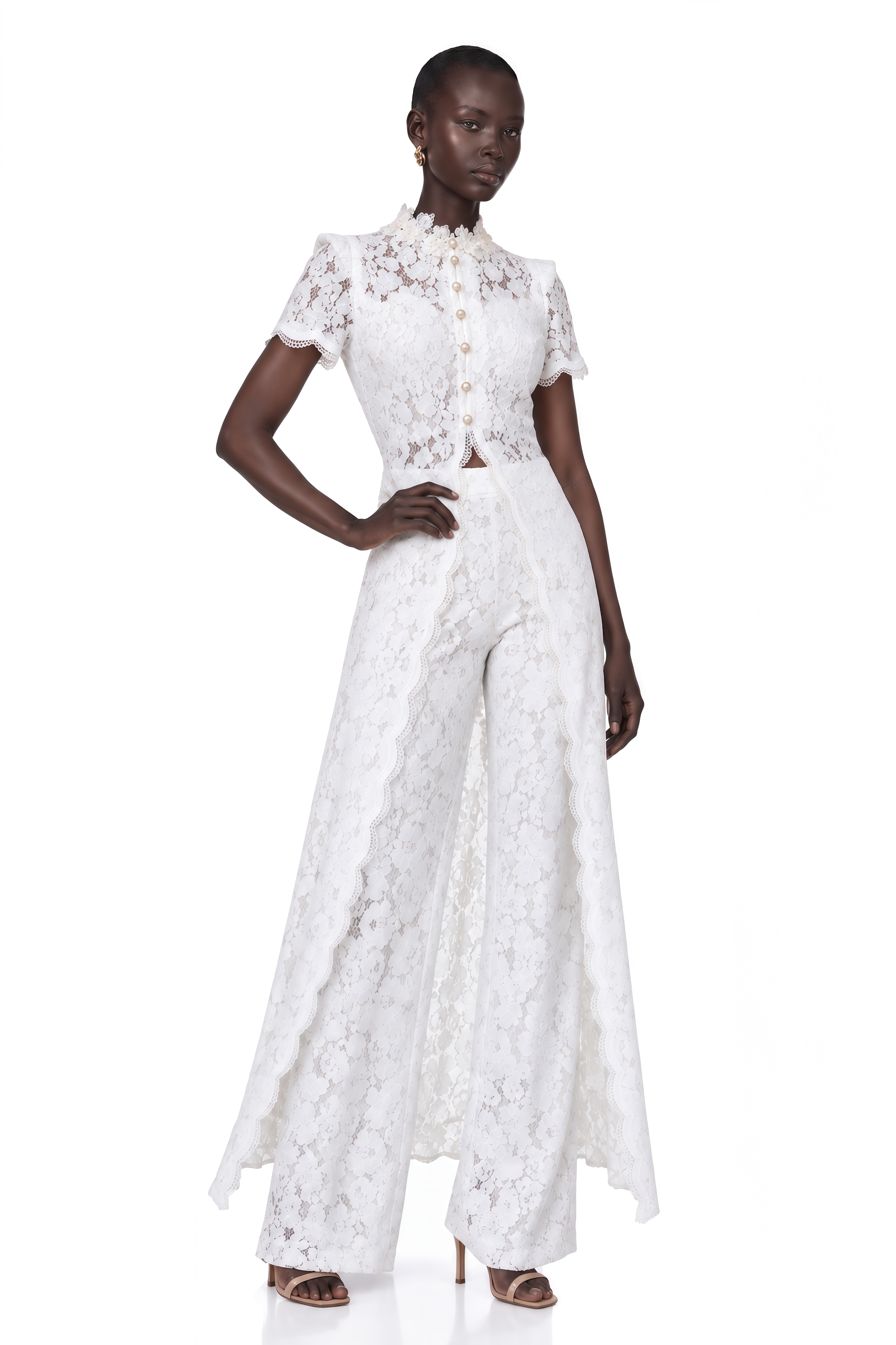 Azaylia White Lace Button Top & Wide Leg Trousers Set