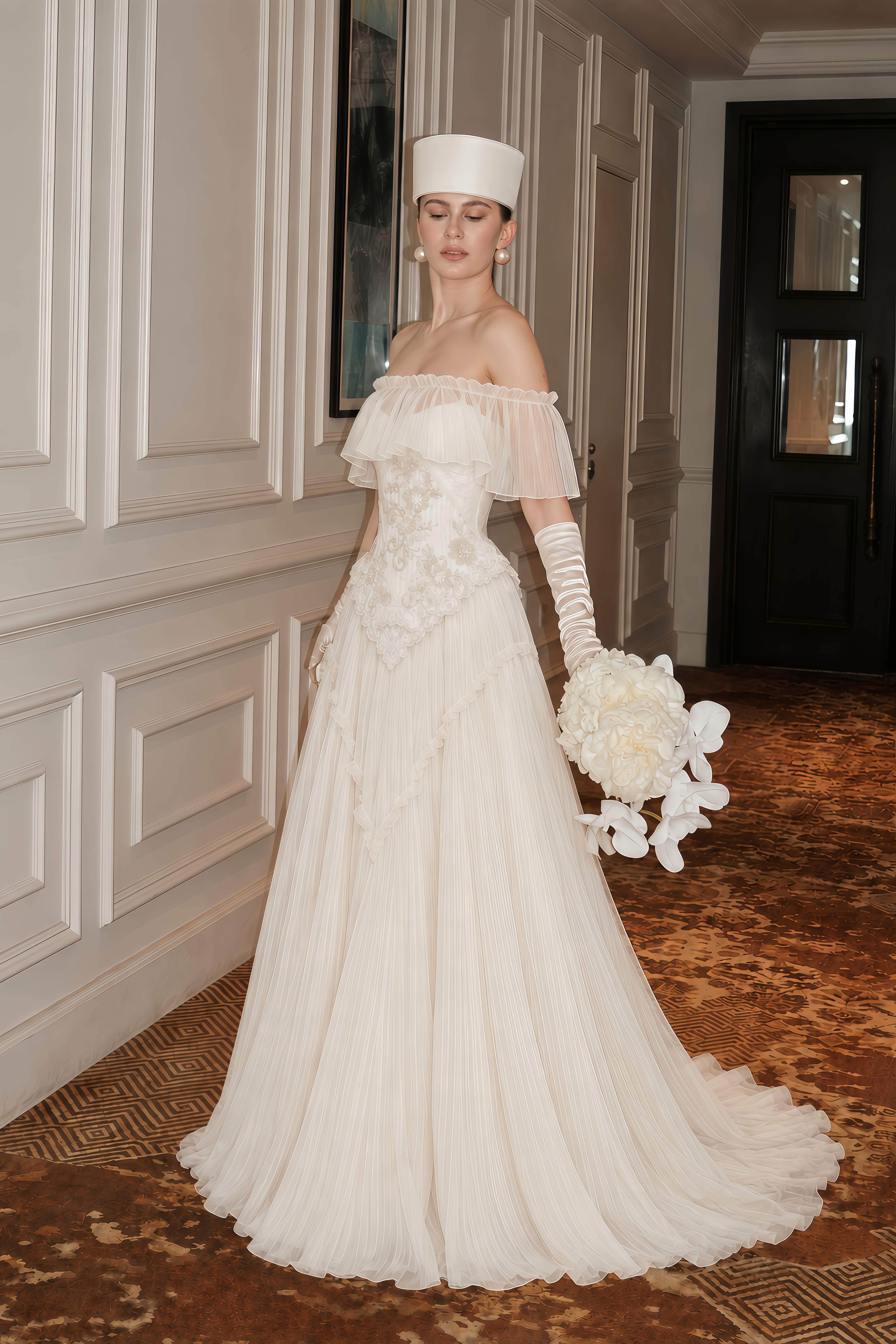 Azelie White Off-Shoulder Pleated Maxi Dress with Shawl