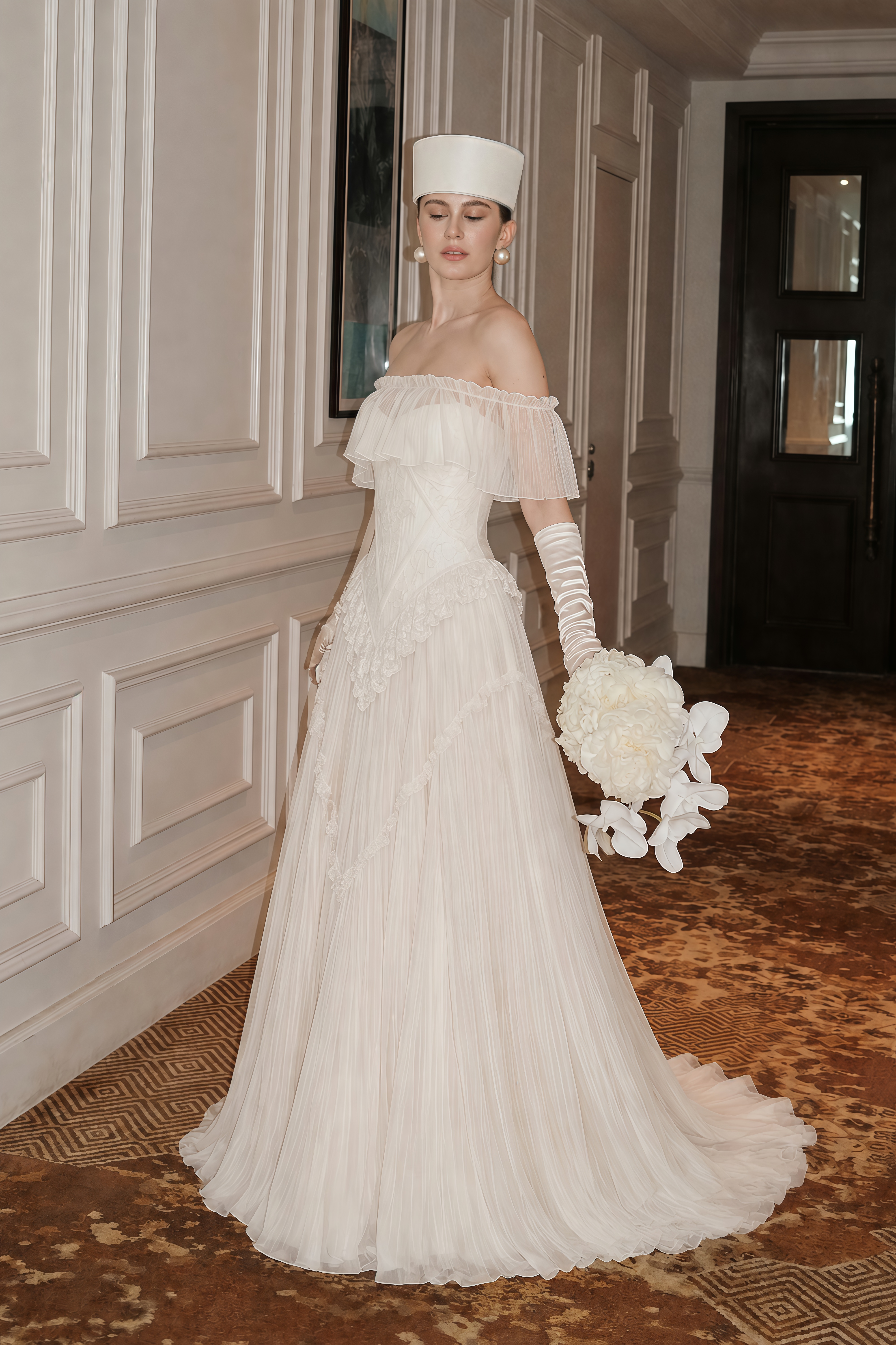 Azelie White Off-Shoulder Pleated Maxi Dress with Shawl